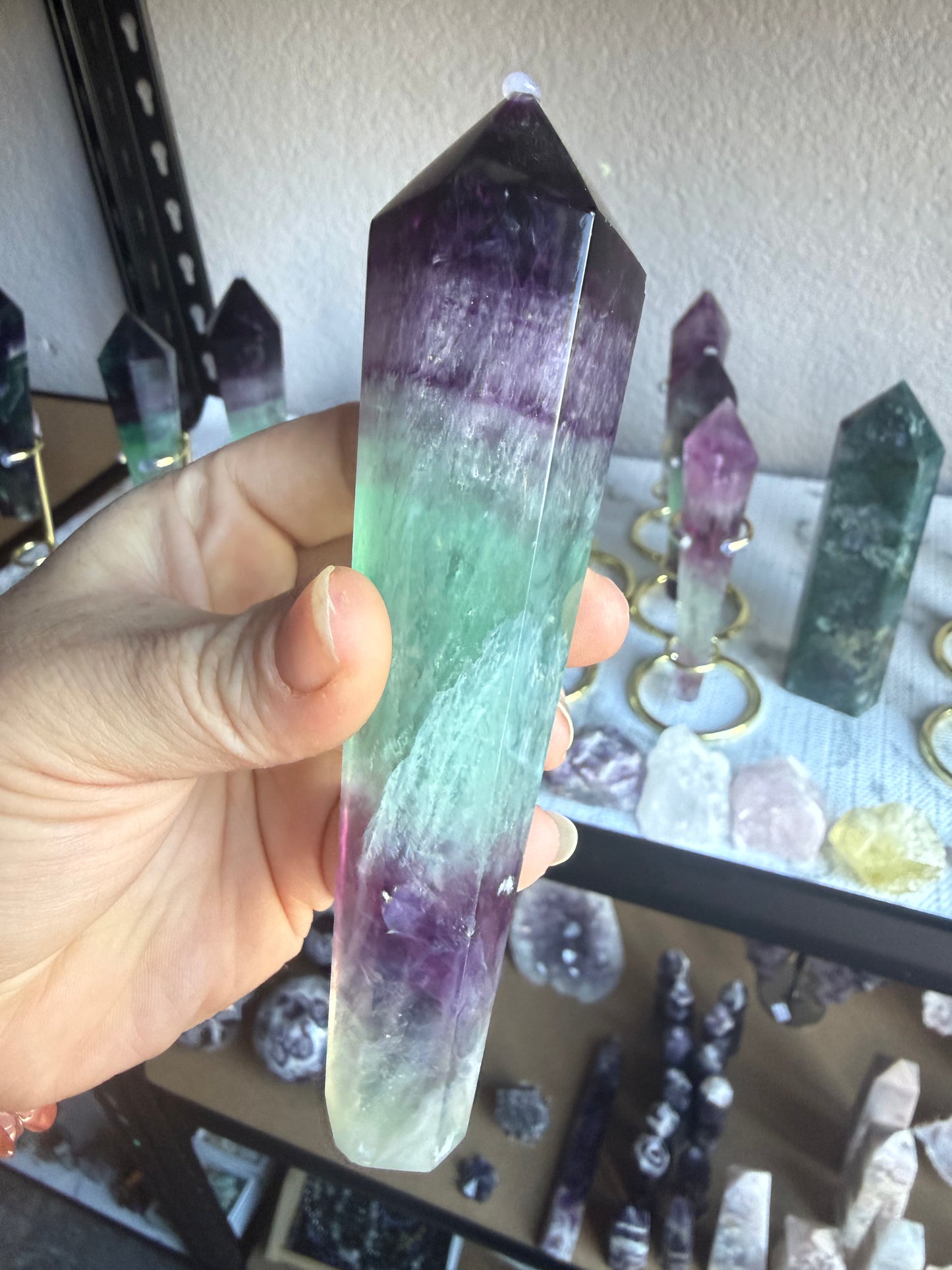 Watermelon Fluorite Tower With Stand| Medium Purple‑Green Gradient | Natural Polished Crystal Point