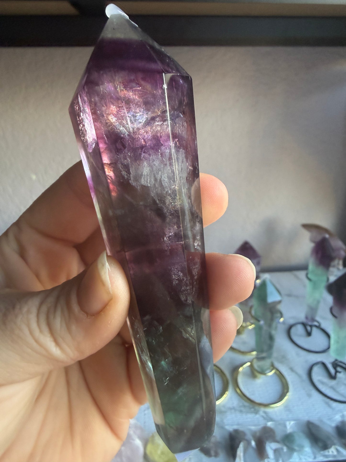 Feather and Watermelon Fluorite Tower With Stand– Clarity • Focus