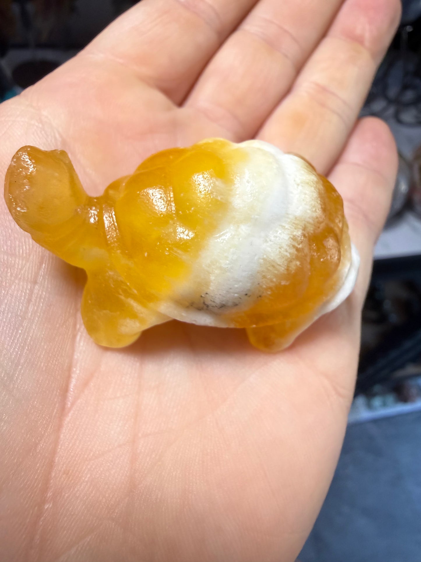 Orange Calcite Turtle Carving – Polished Mini Crystal Turtle with White Vein Pocket