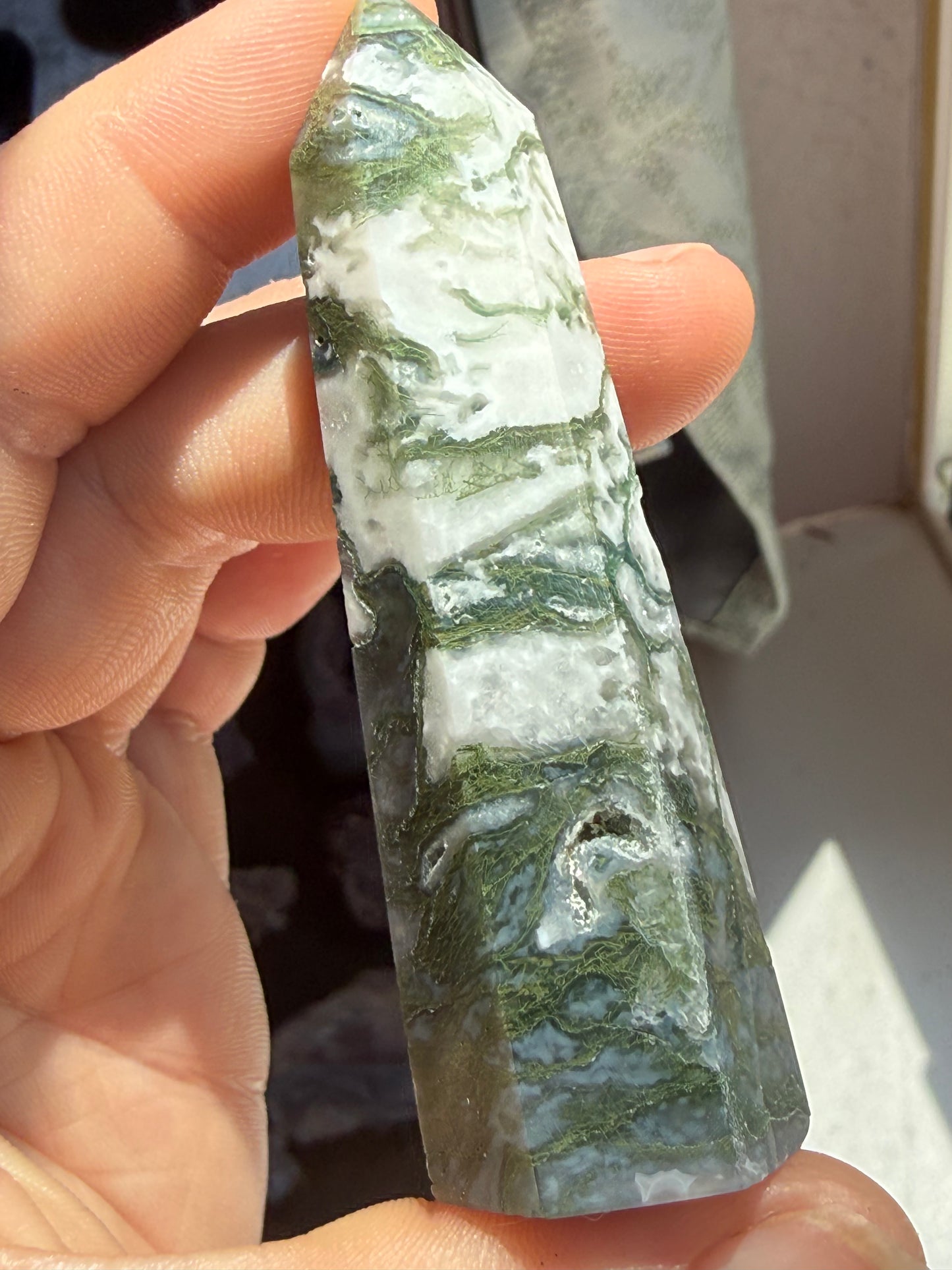 Small Moss Agate Tower – Polished Mini Crystal Point for Growth, Grounding & Natural Balance