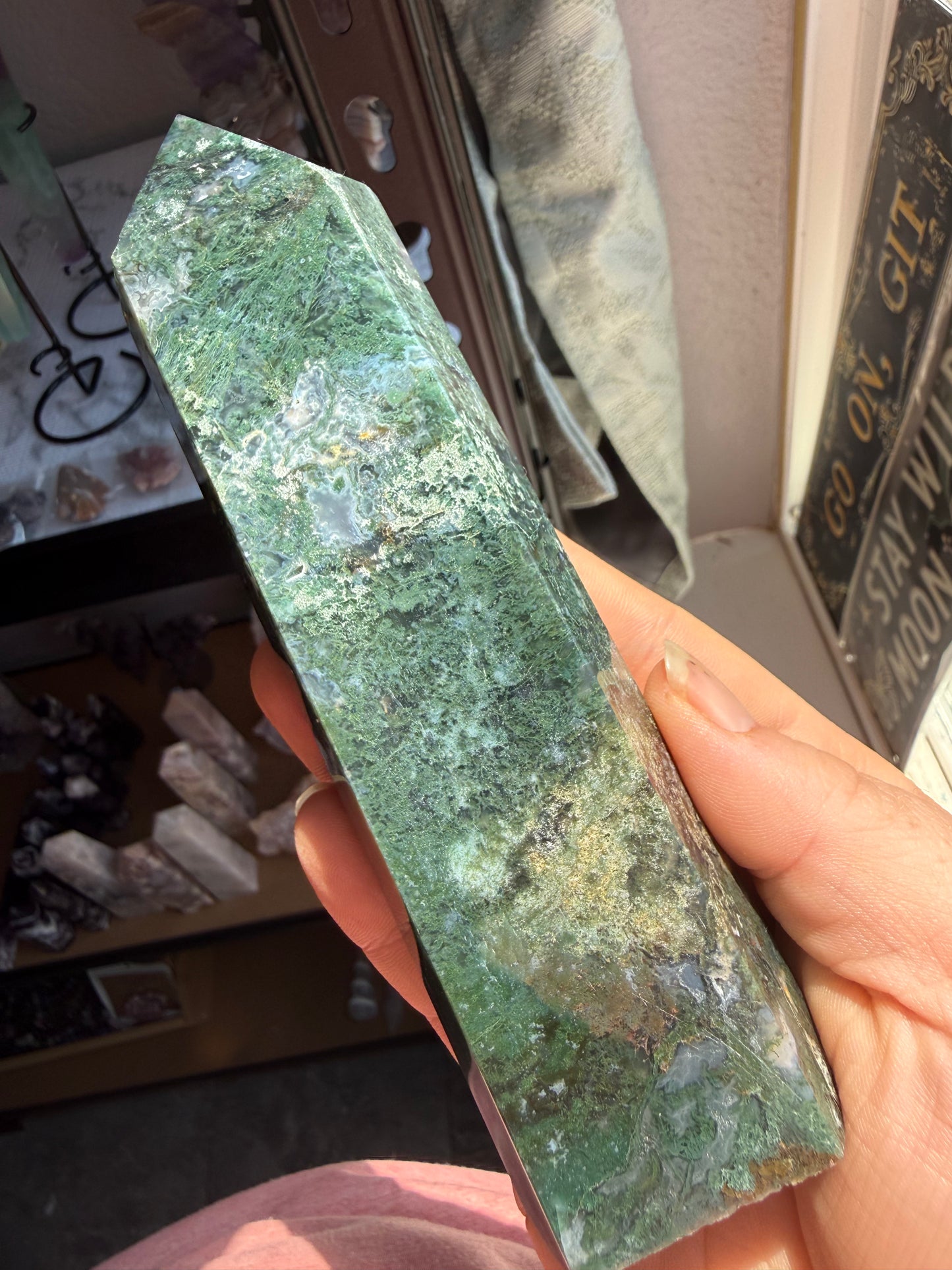 Moss Agate Tower 14.1 oz – Polished Crystal Point for Growth, Grounding & Natural Harmony