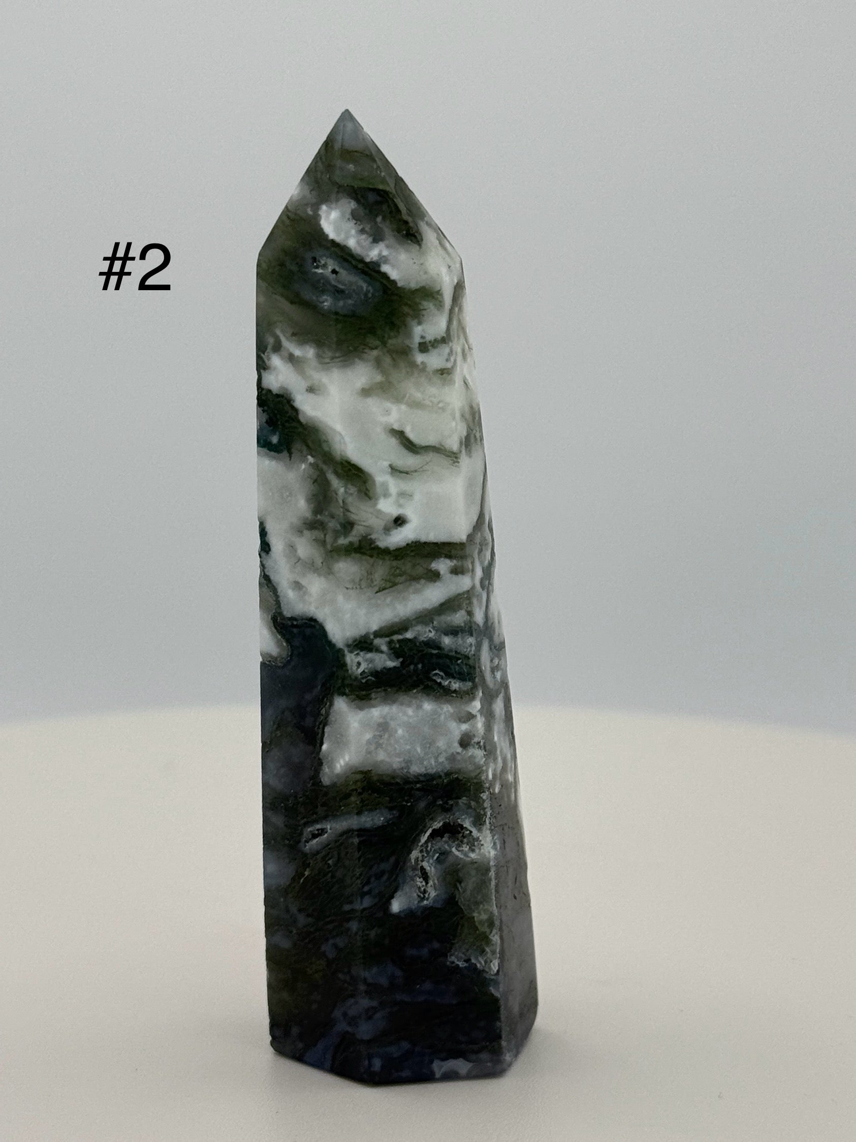 Small Moss Agate Tower – Polished Mini Crystal Point for Growth, Grounding & Natural Balance