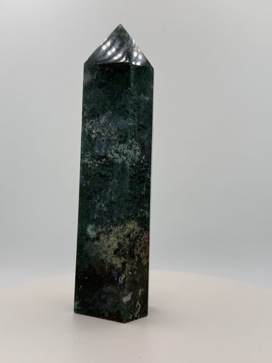 Moss Agate Tower 14.1 oz – Polished Crystal Point for Growth, Grounding & Natural Harmony