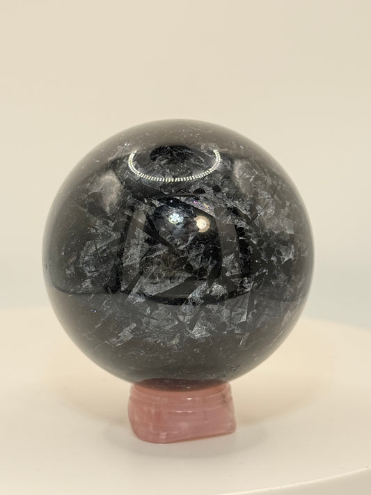 Black Tourmalated Quartz Sphere #1 – Polished Protective Crystal for Grounding, Strength & Energy Shielding