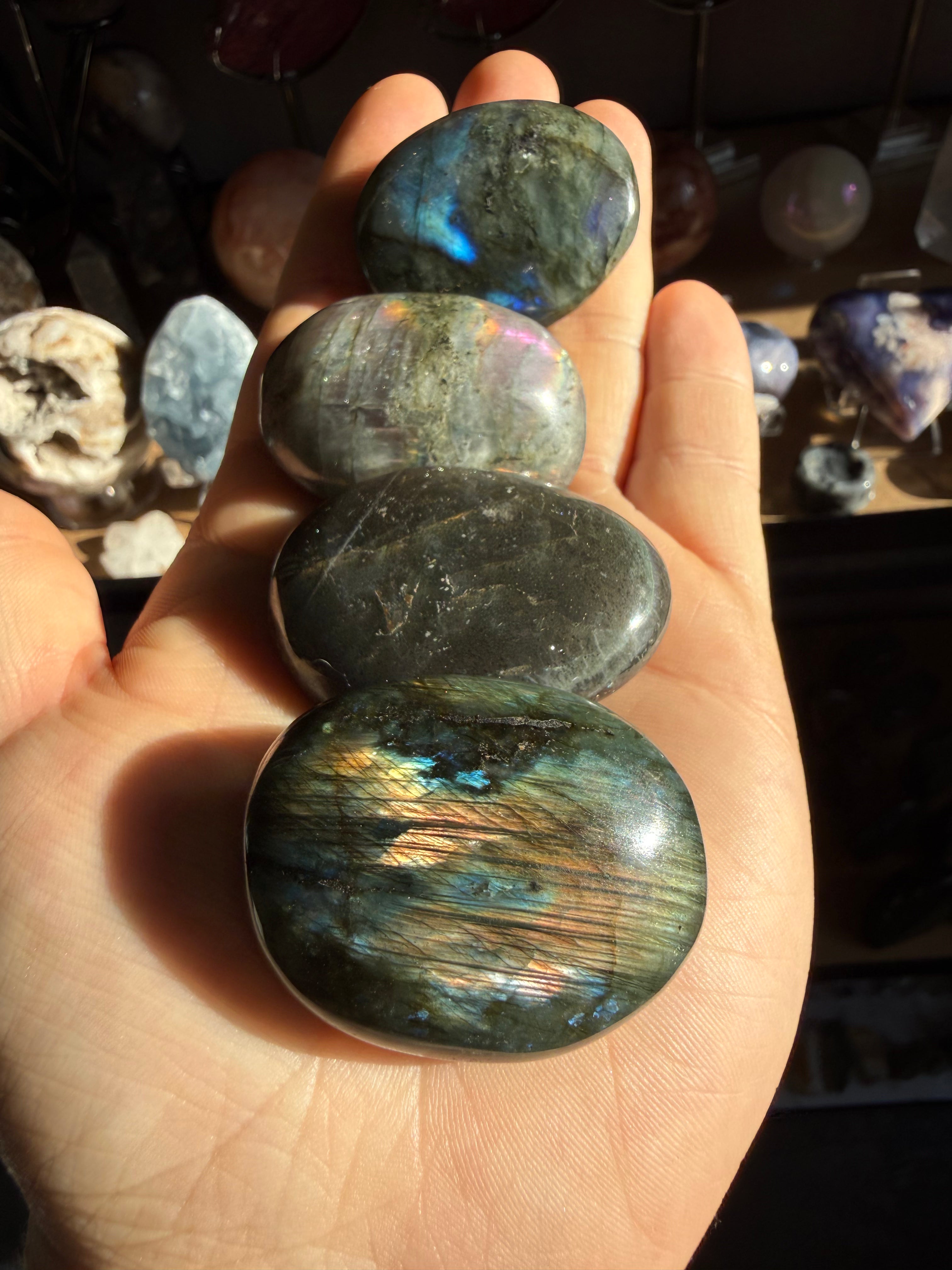 Labradorite Palm Stone – 1-1.9oz Iridescent Crystal for Protection, Intuition & Transformation