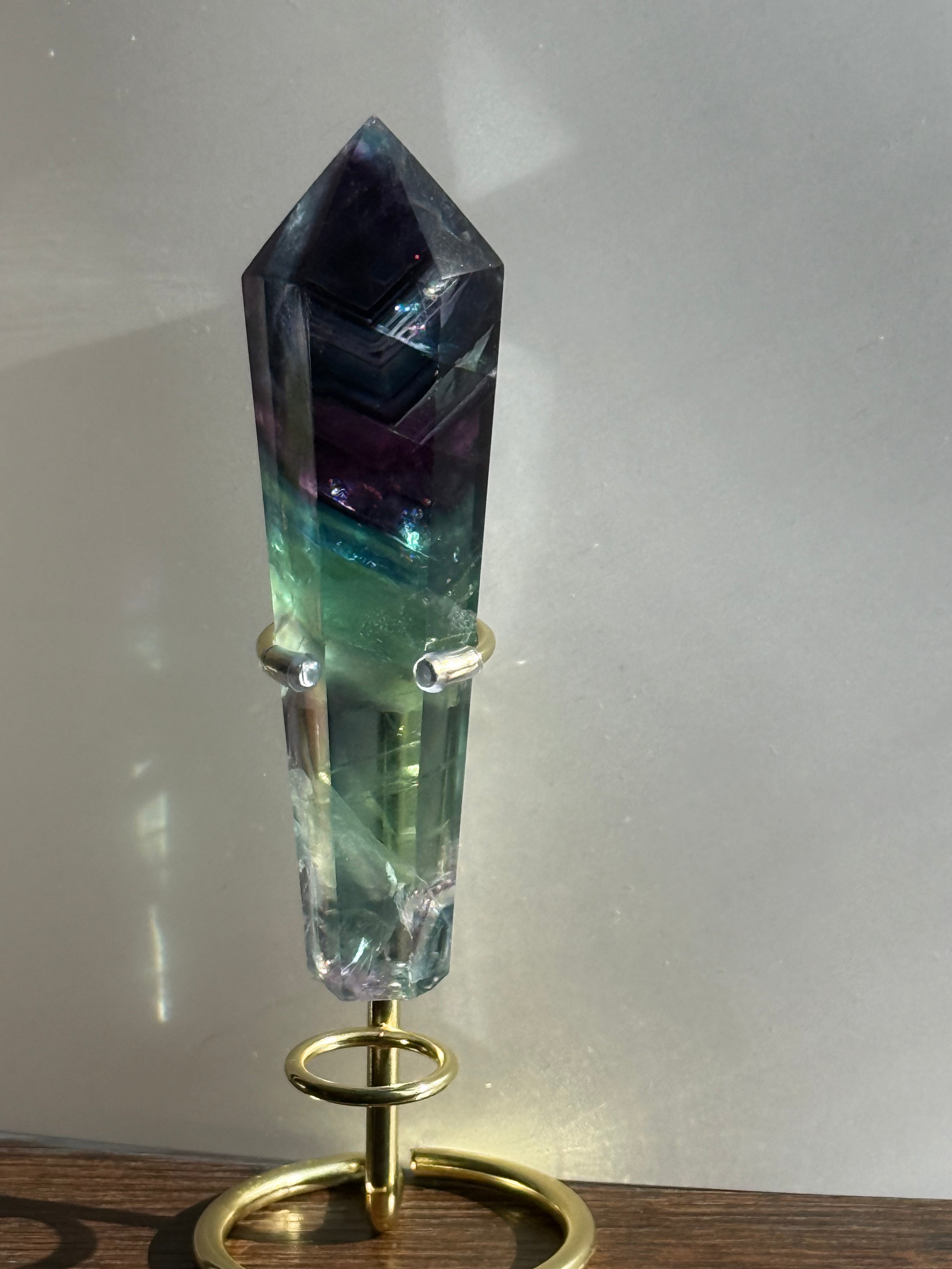 Feather Fluorite Tower Medium With Stand– Polished Green‑Purple Crystal Point | Healing Stone for Clarity & Focus