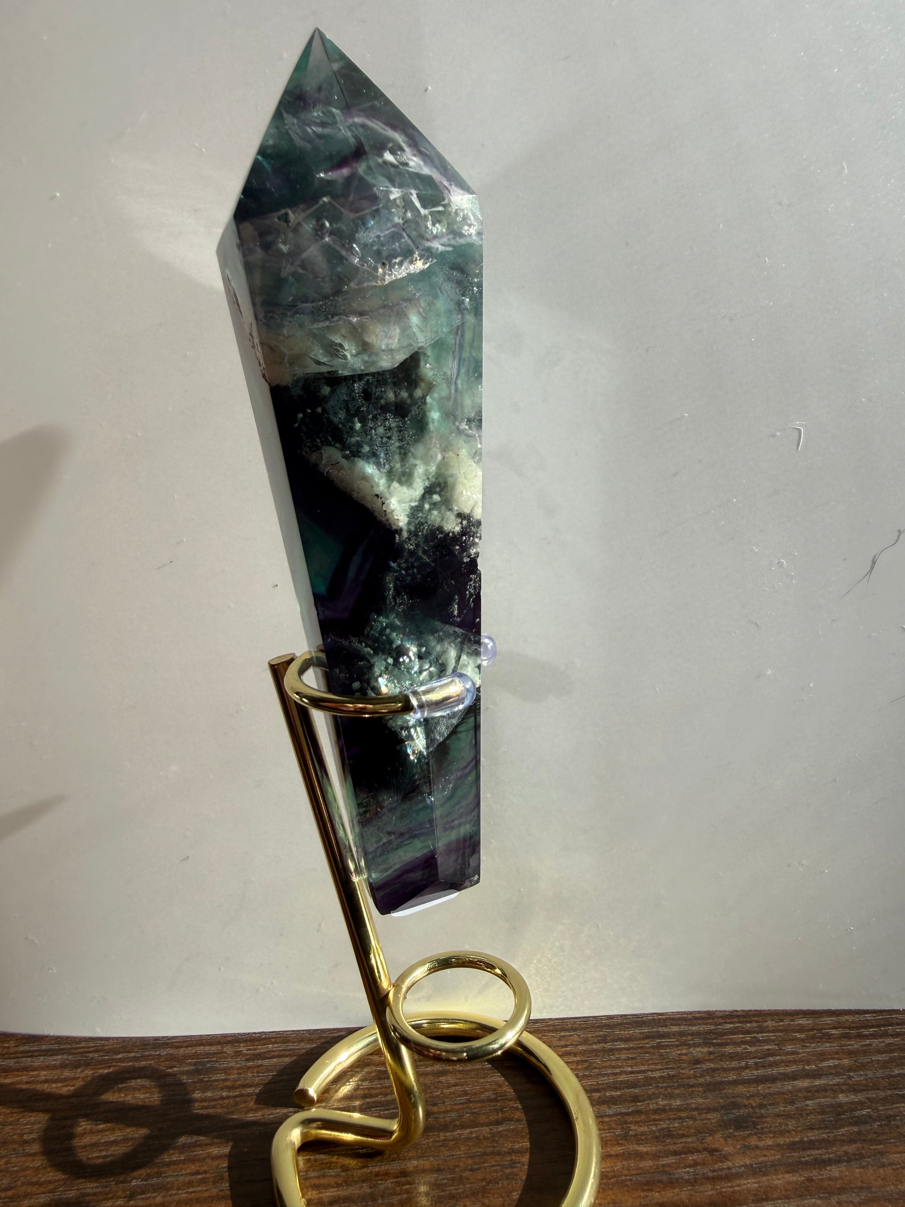 Feather Fluorite Tower With Stand| Large Polished Crystal Point | Green‑Purple Gradient | Statement Display Piece