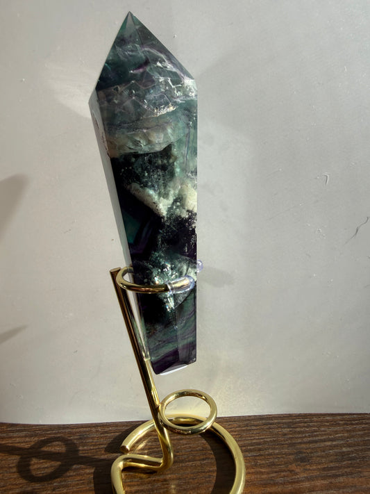 Feather Fluorite Tower With Stand| Large Polished Crystal Point | Green‑Purple Gradient | Statement Display Piece