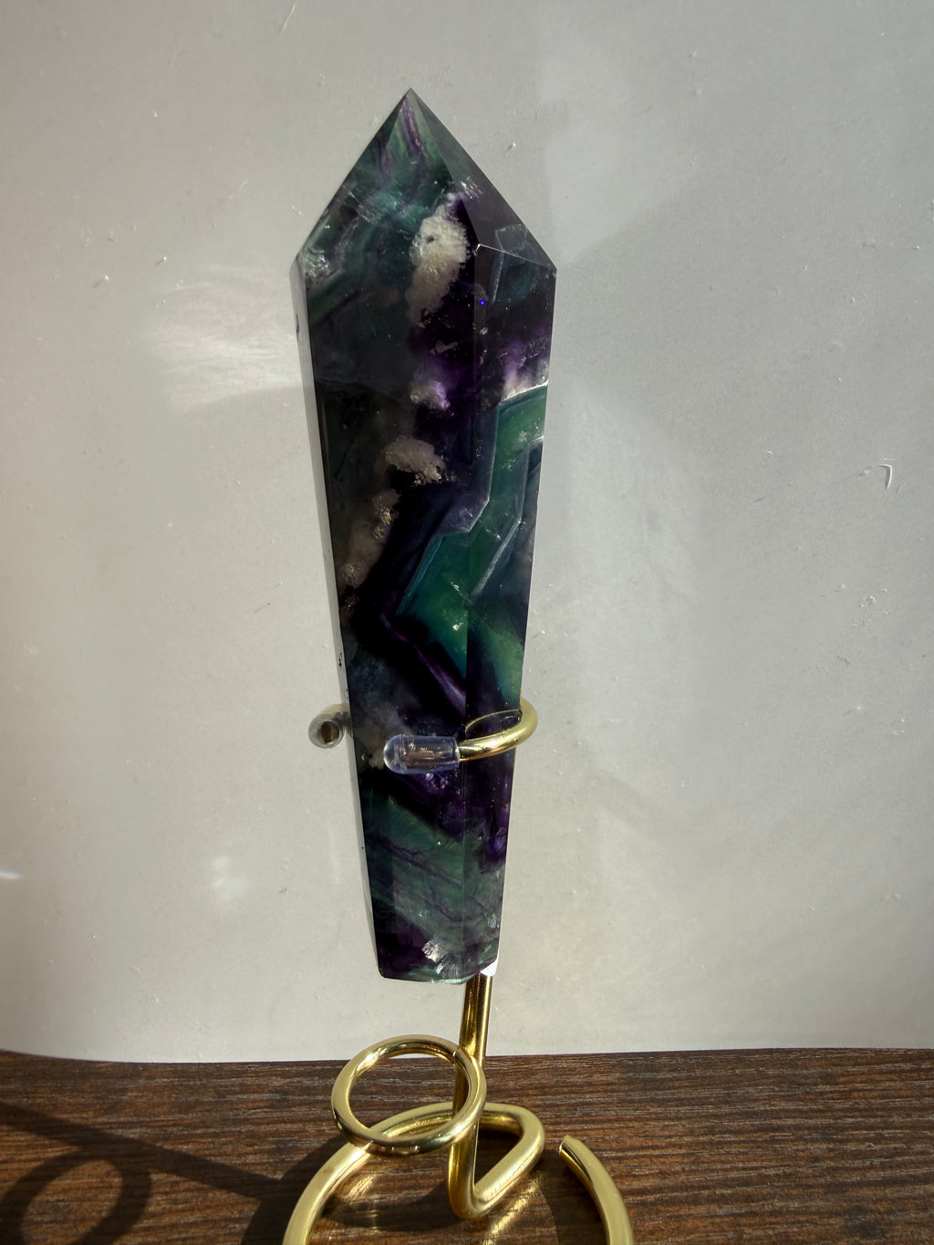 Feather Fluorite Tower With Stand| Large Polished Crystal Point | Green‑Purple Gradient | Statement Display Piece
