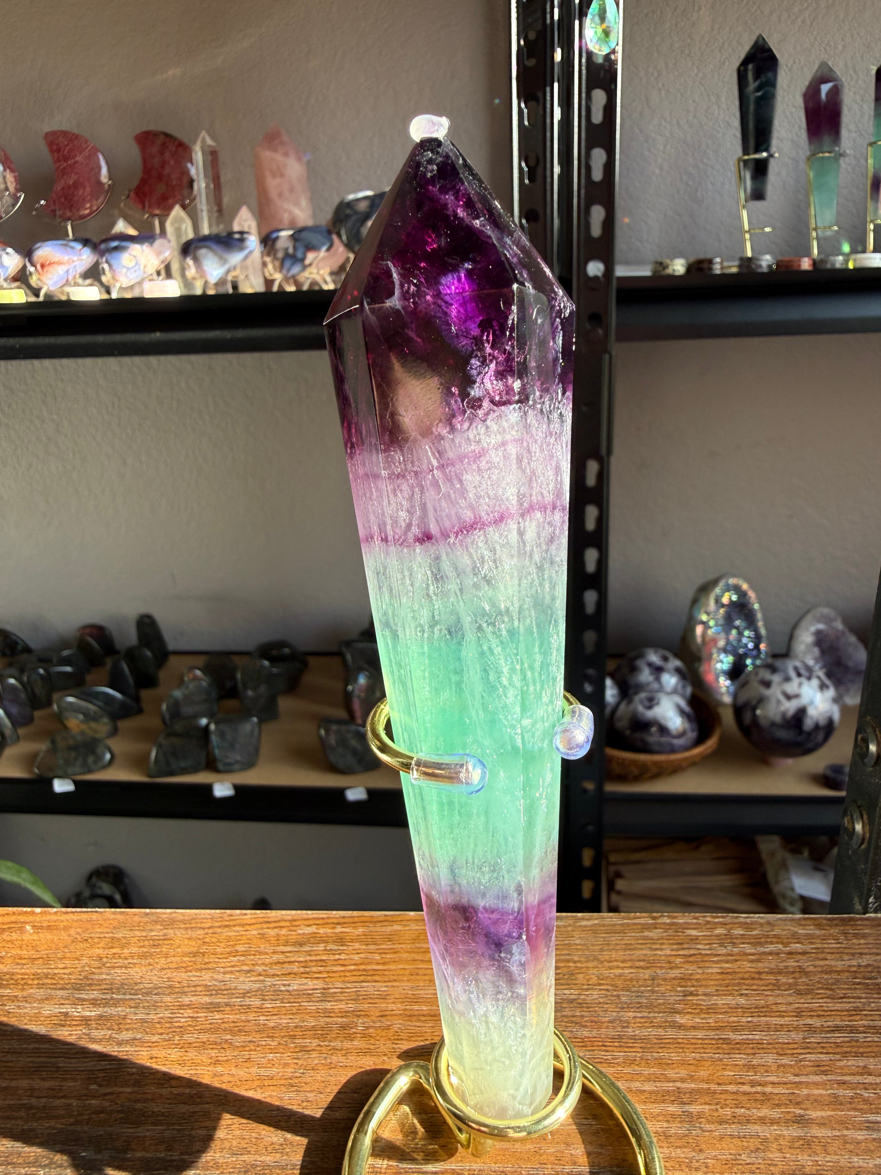 Watermelon Fluorite Tower With Stand| Large Polished Crystal Point | Purple‑Green Chevron Bands | Statement Display Piece