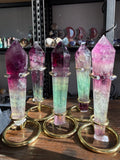 Feather and Watermelon Fluorite Tower Small With Stand– Polished Green‑Purple Crystal Point | Healing Stone for Clarity & Focus