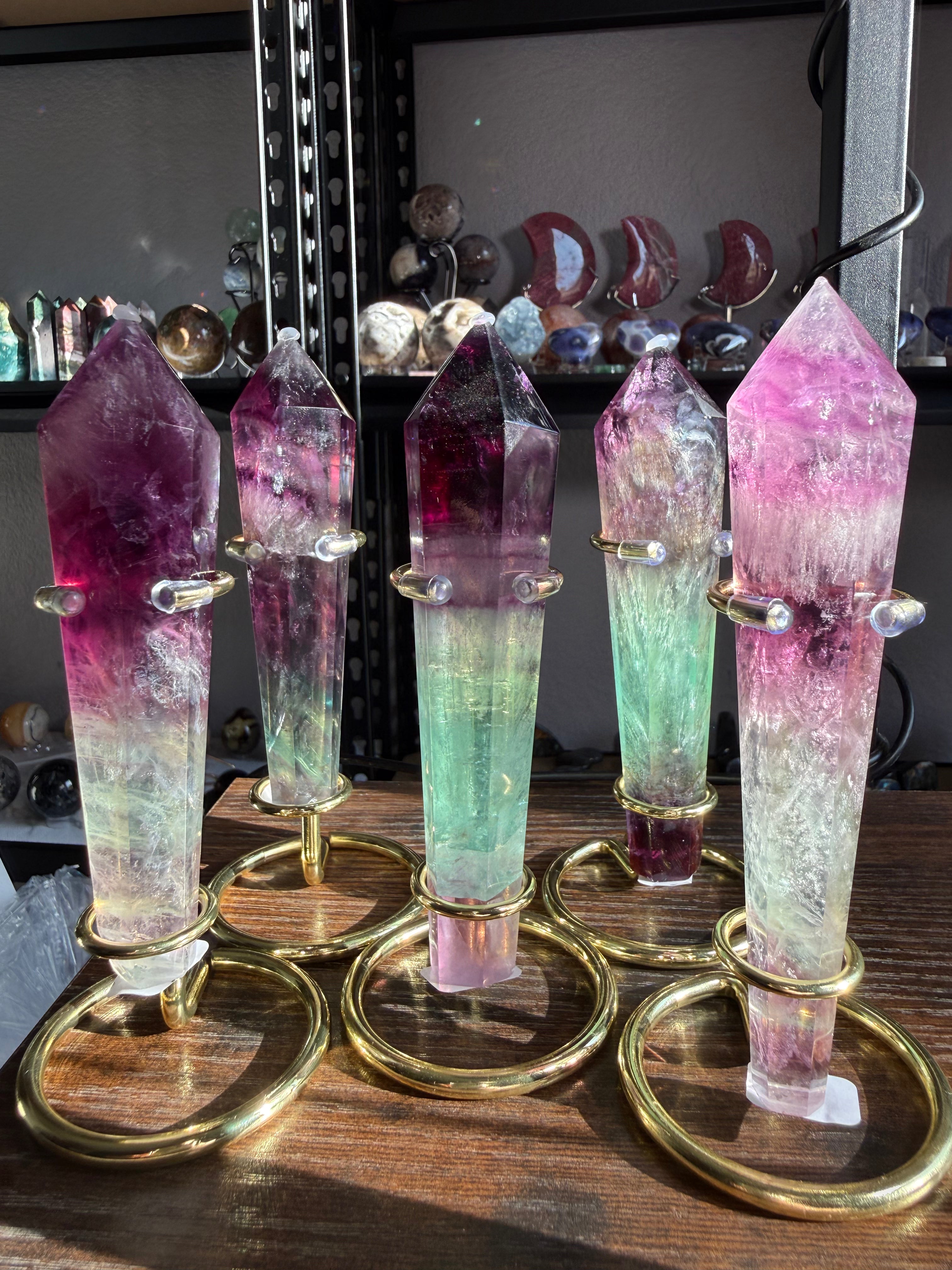 Feather and Watermelon Fluorite Tower Small With Stand– Polished Green‑Purple Crystal Point | Healing Stone for Clarity & Focus