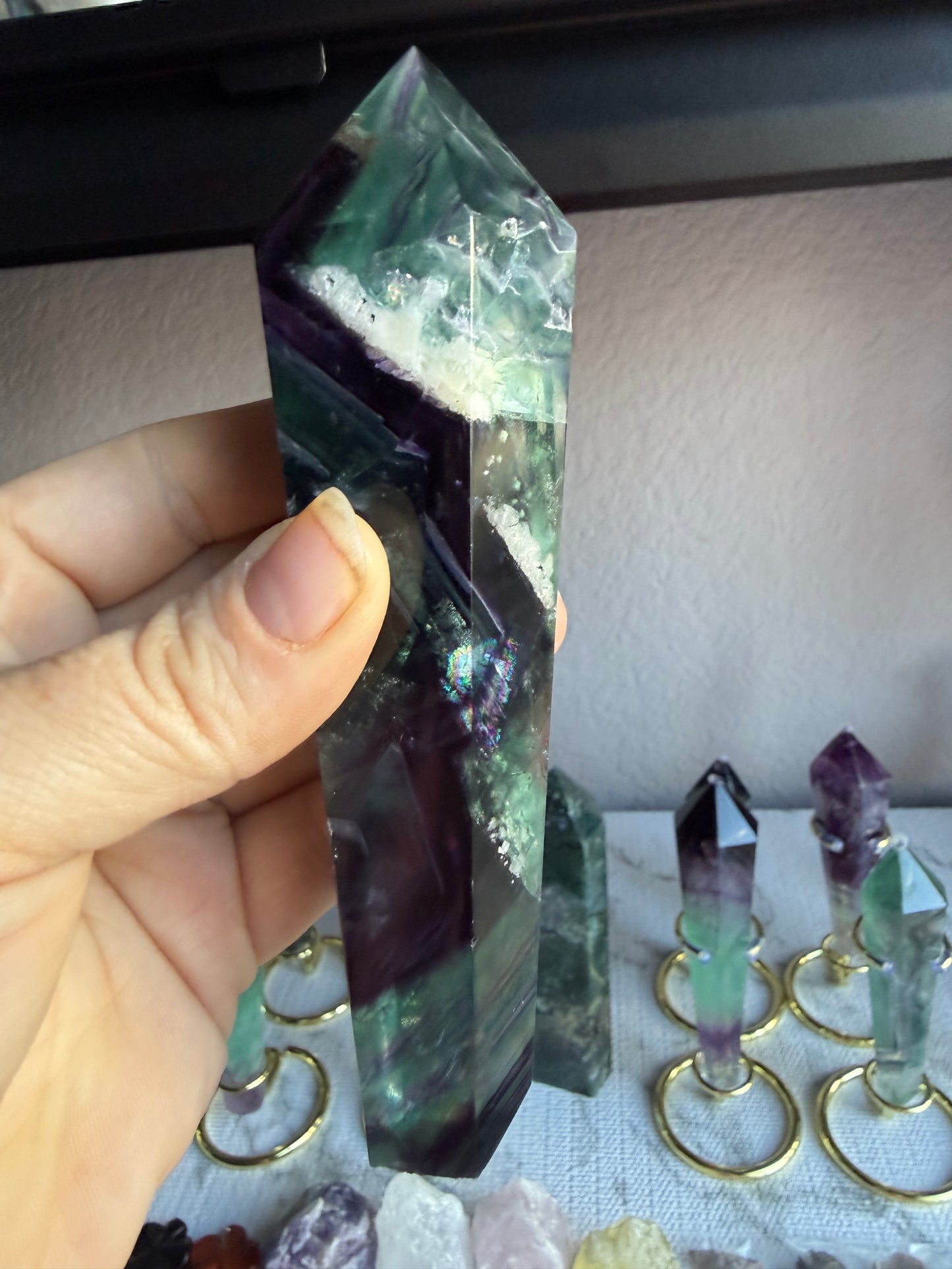 Feather Fluorite Tower With Stand| Large Polished Crystal Point | Green‑Purple Gradient | Statement Display Piece