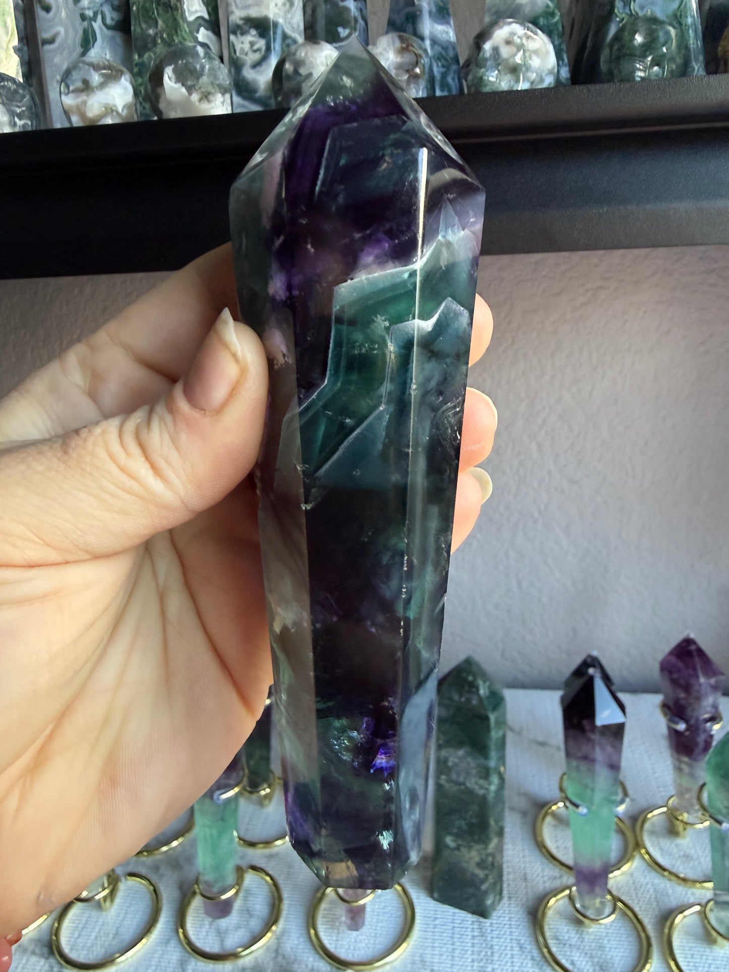 Feather Fluorite Tower With Stand| Large Polished Crystal Point | Green‑Purple Gradient | Statement Display Piece