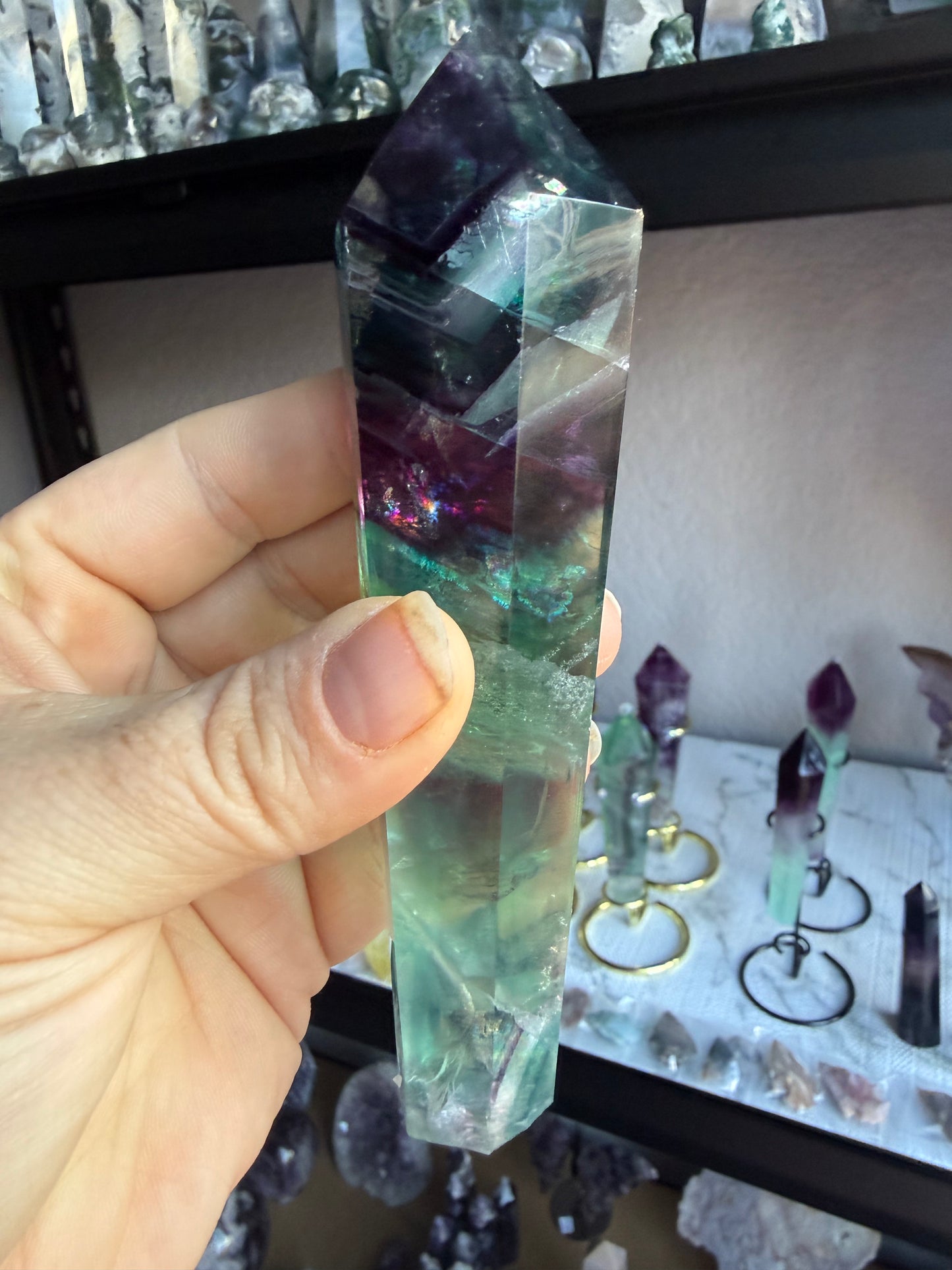 Feather Fluorite Tower Medium With Stand– Polished Green‑Purple Crystal Point | Healing Stone for Clarity & Focus