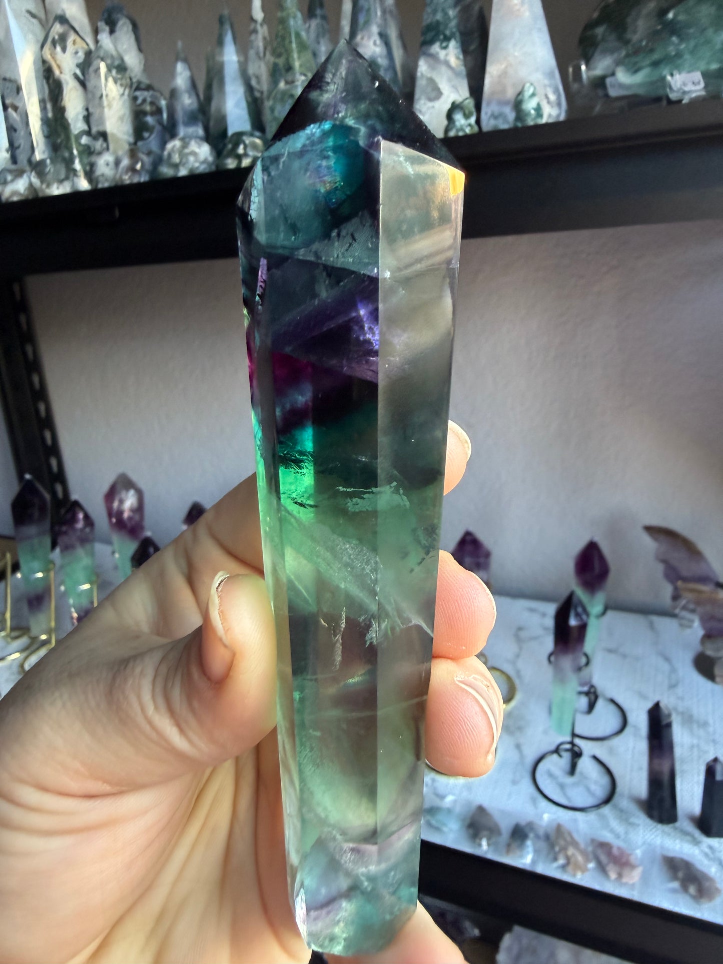 Feather Fluorite Tower Medium With Stand– Polished Green‑Purple Crystal Point | Healing Stone for Clarity & Focus