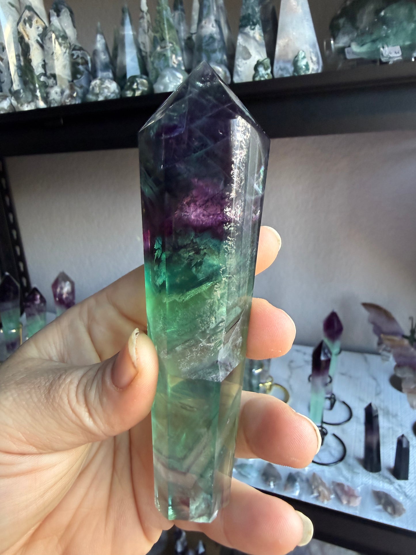 Feather Fluorite Tower Medium With Stand– Polished Green‑Purple Crystal Point | Healing Stone for Clarity & Focus
