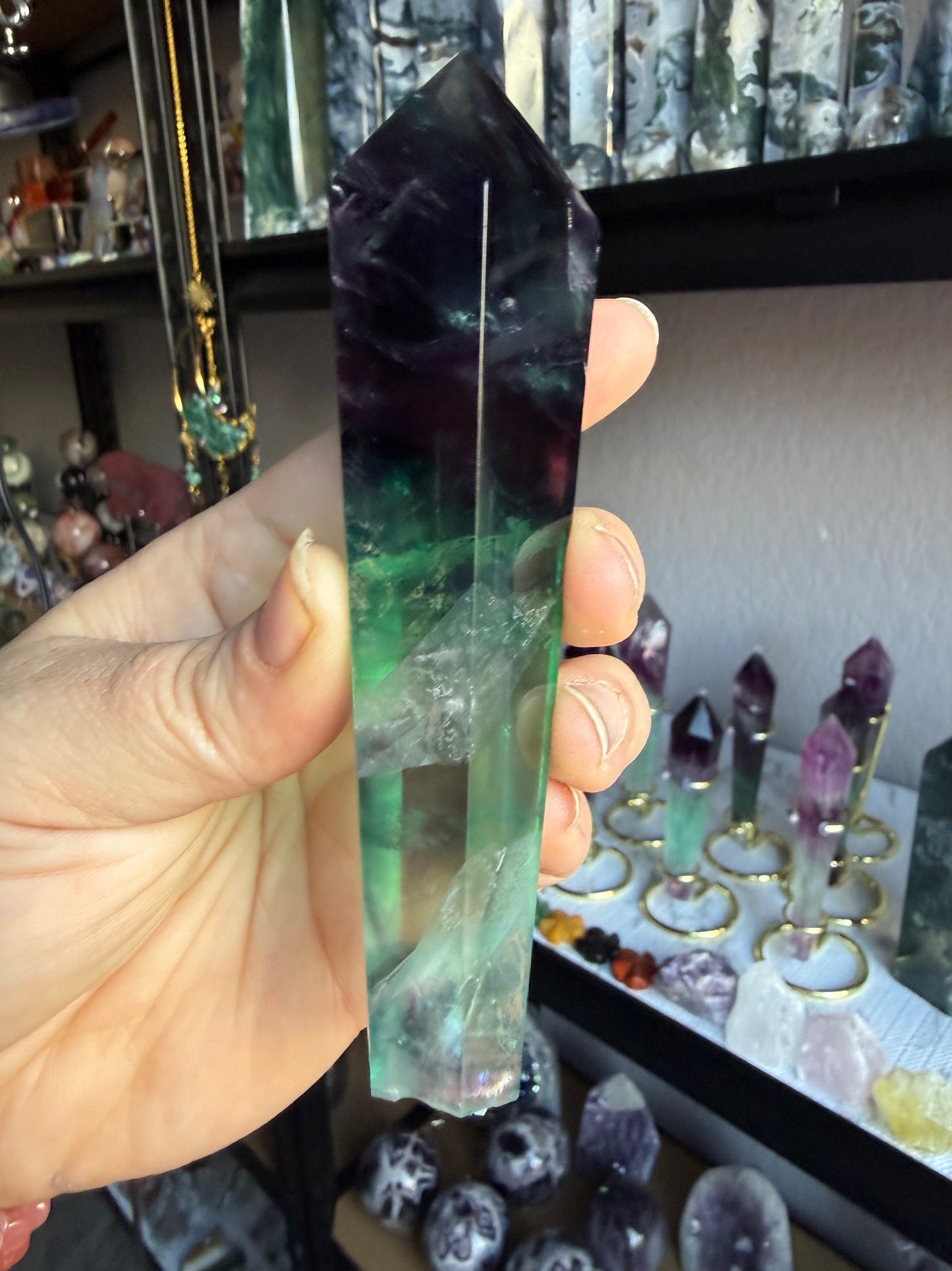 Feather Fluorite Tower Medium With Stand– Polished Green‑Purple Crystal Point | Healing Stone for Clarity & Focus