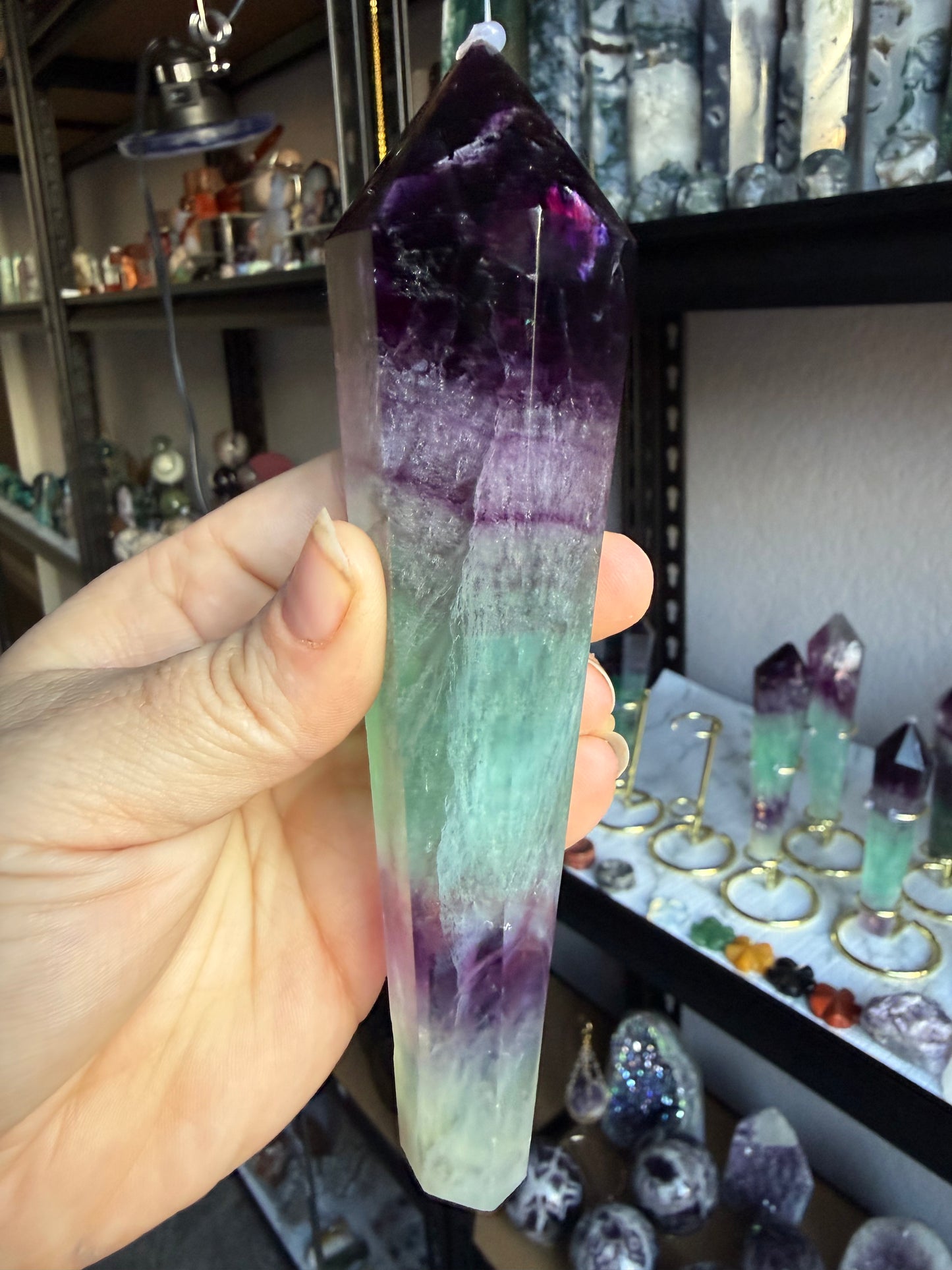 Watermelon Fluorite Tower With Stand| Large Polished Crystal Point | Purple‑Green Chevron Bands | Statement Display Piece