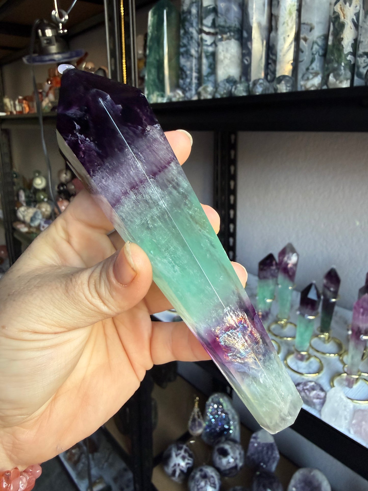 Watermelon Fluorite Tower With Stand| Large Polished Crystal Point | Purple‑Green Chevron Bands | Statement Display Piece