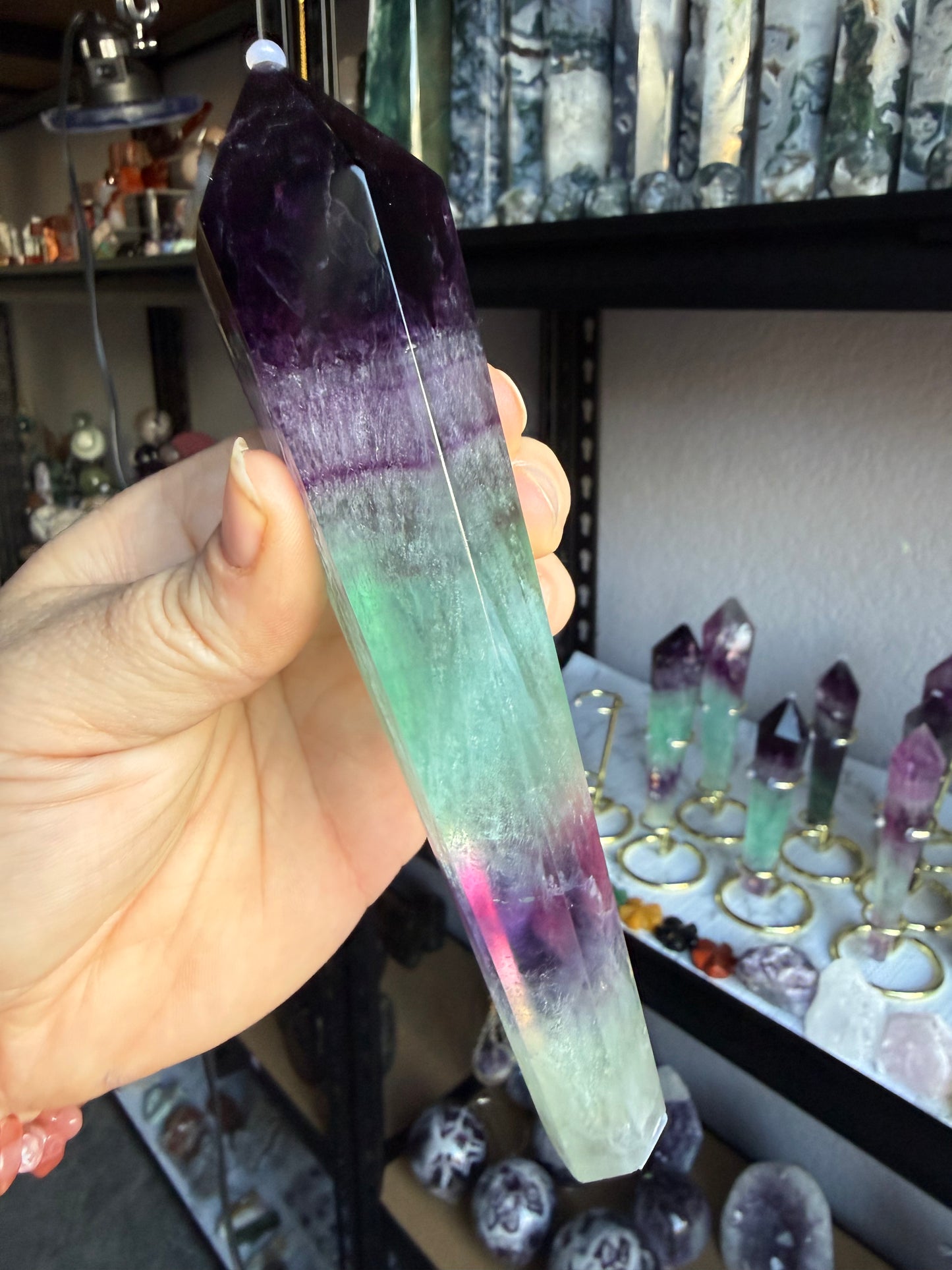 Watermelon Fluorite Tower With Stand| Large Polished Crystal Point | Purple‑Green Chevron Bands | Statement Display Piece