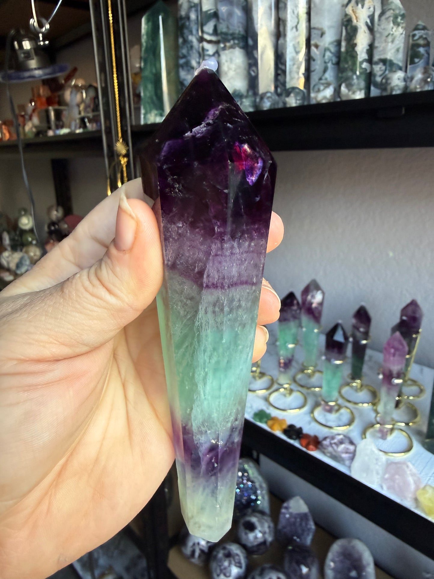 Watermelon Fluorite Tower With Stand| Large Polished Crystal Point | Purple‑Green Chevron Bands | Statement Display Piece