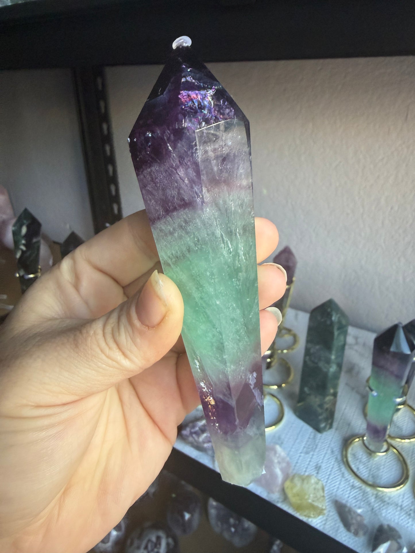 Watermelon Fluorite Tower With Stand| Medium Purple‑Green Gradient | Natural Polished Crystal Point