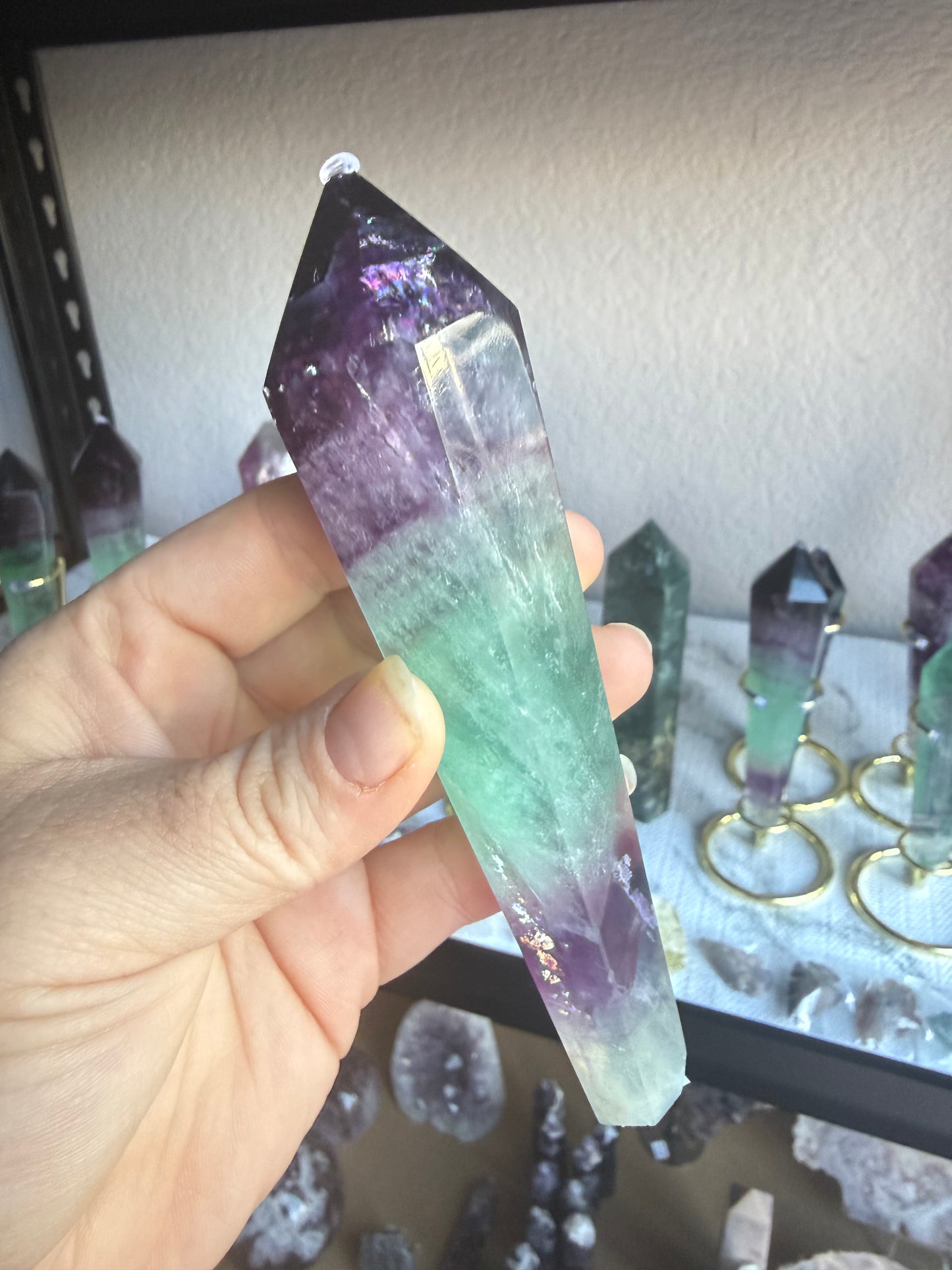 Watermelon Fluorite Tower With Stand| Medium Purple‑Green Gradient | Natural Polished Crystal Point