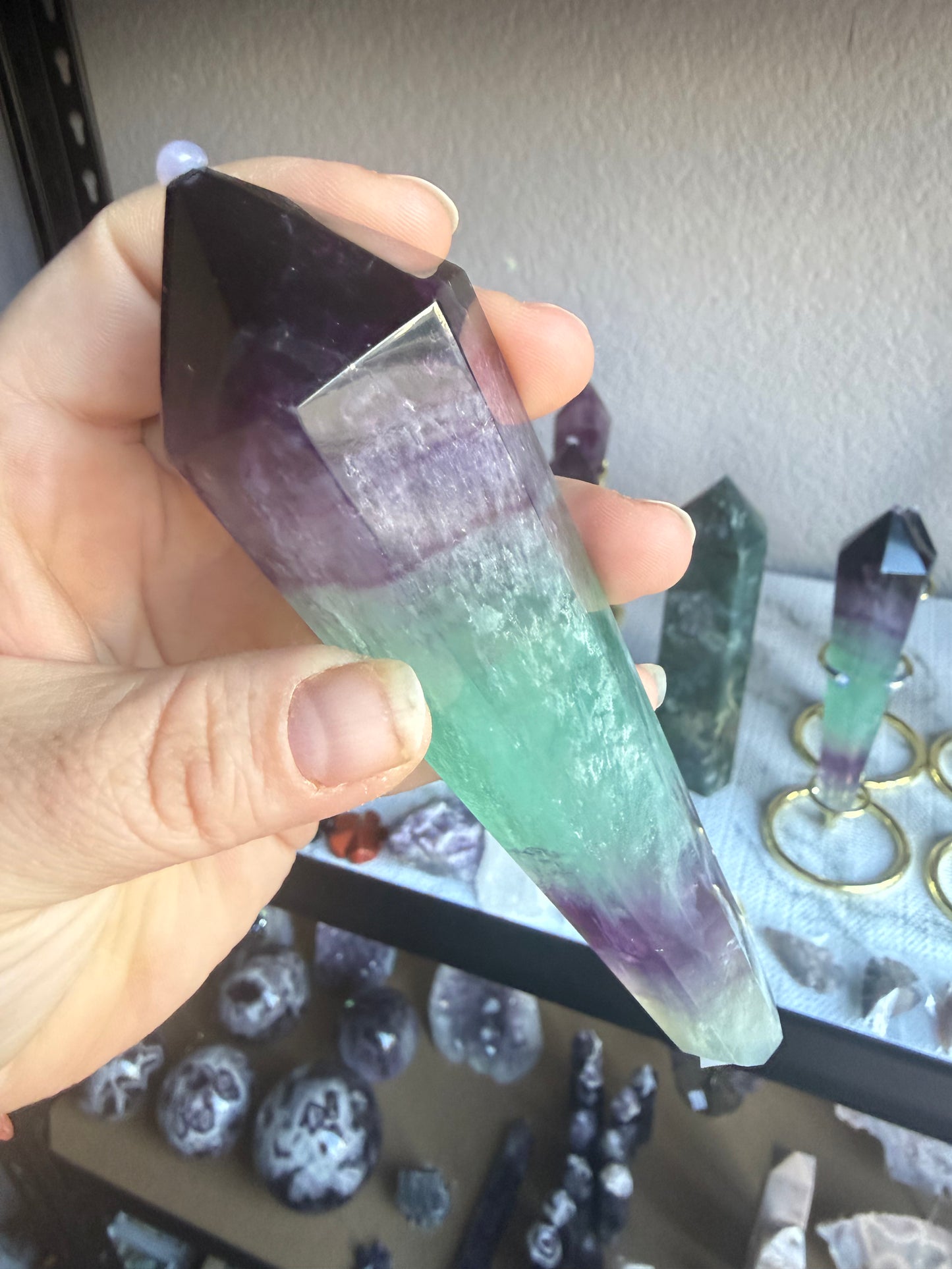 Watermelon Fluorite Tower With Stand| Medium Purple‑Green Gradient | Natural Polished Crystal Point