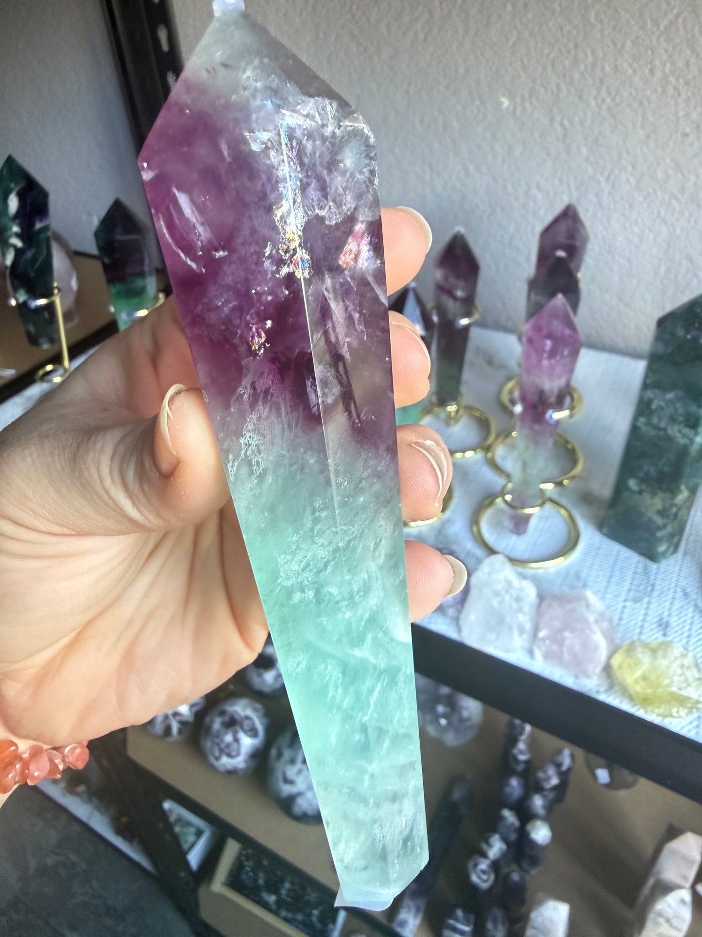 Watermelon Fluorite Tower With Stand| Medium Purple‑Green Gradient | Natural Polished Crystal Point