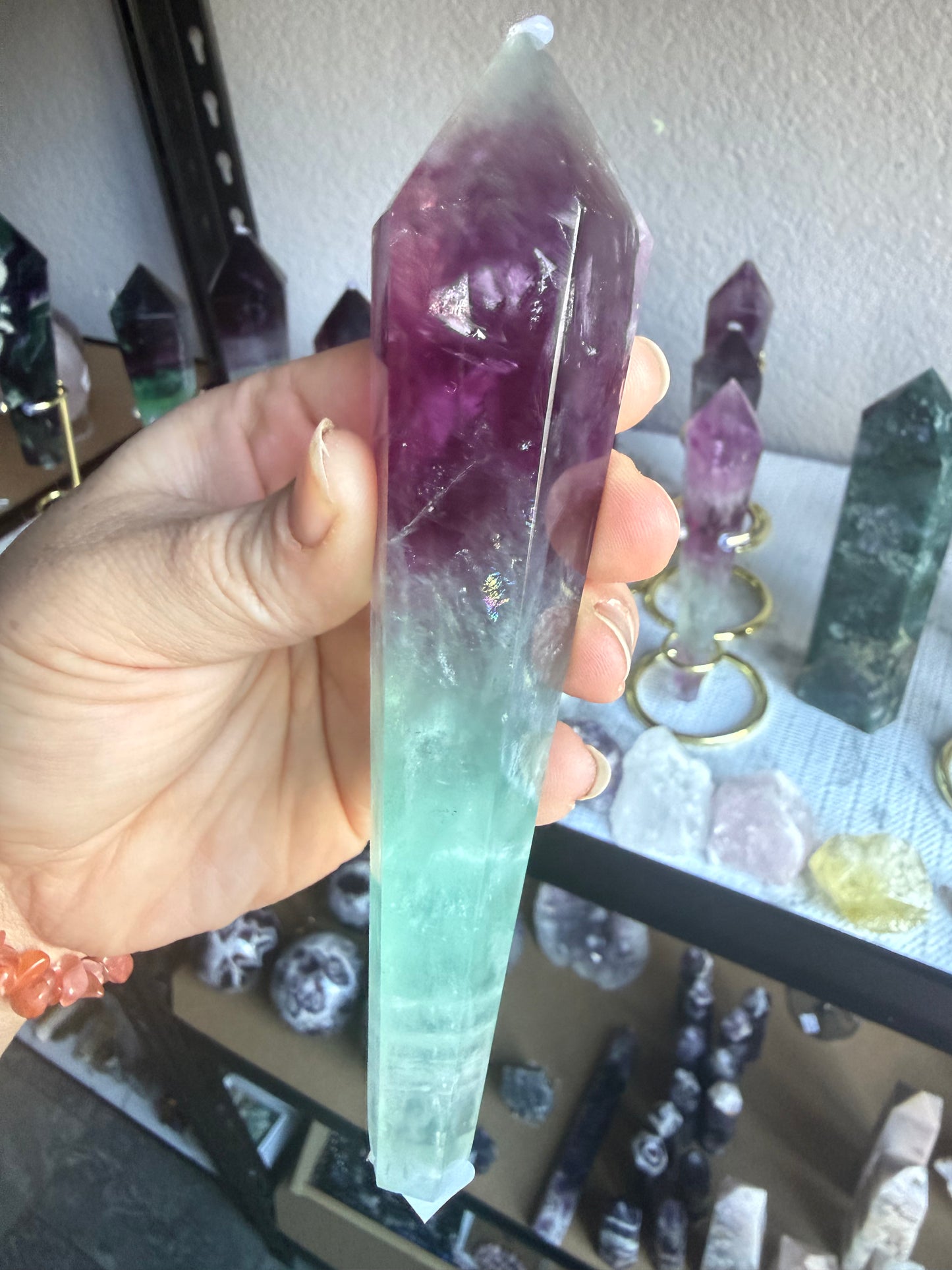 Watermelon Fluorite Tower With Stand| Medium Purple‑Green Gradient | Natural Polished Crystal Point