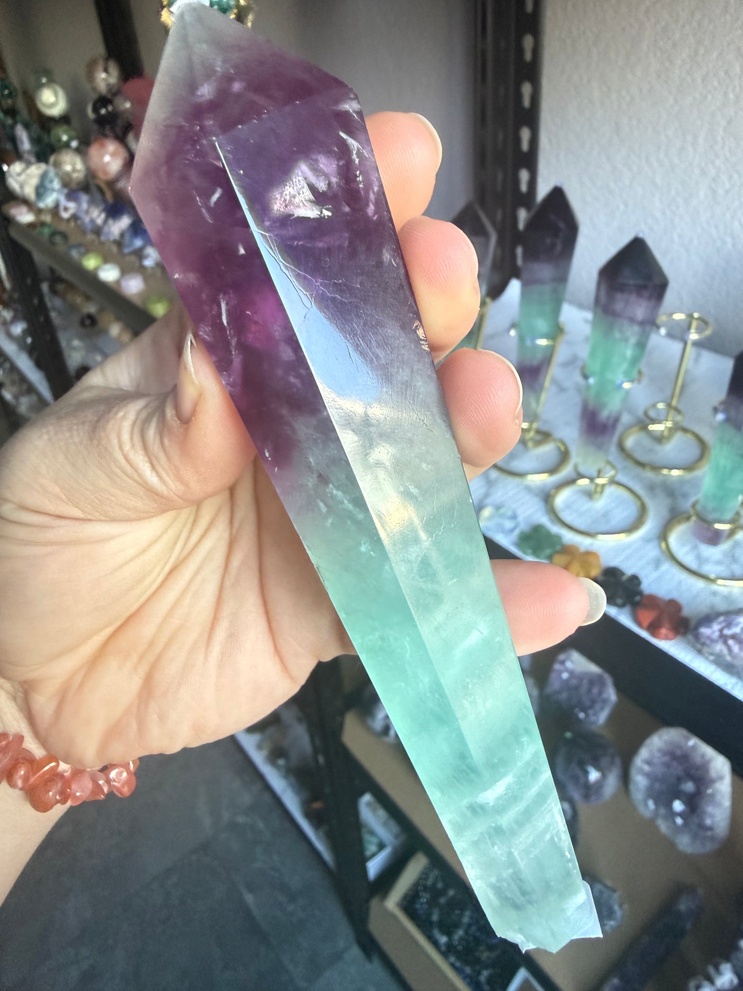 Watermelon Fluorite Tower With Stand| Medium Purple‑Green Gradient | Natural Polished Crystal Point
