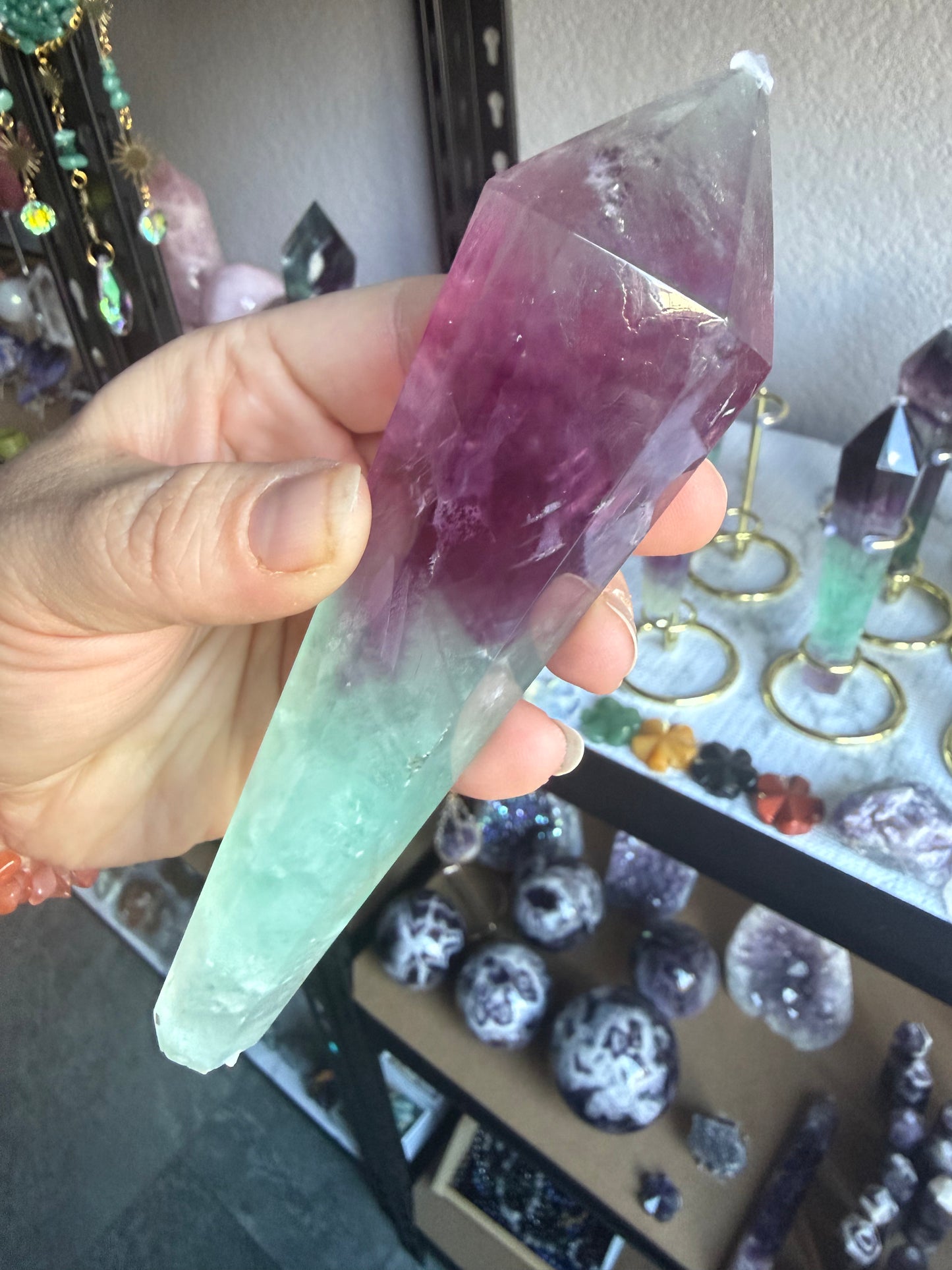 Watermelon Fluorite Tower With Stand| Medium Purple‑Green Gradient | Natural Polished Crystal Point