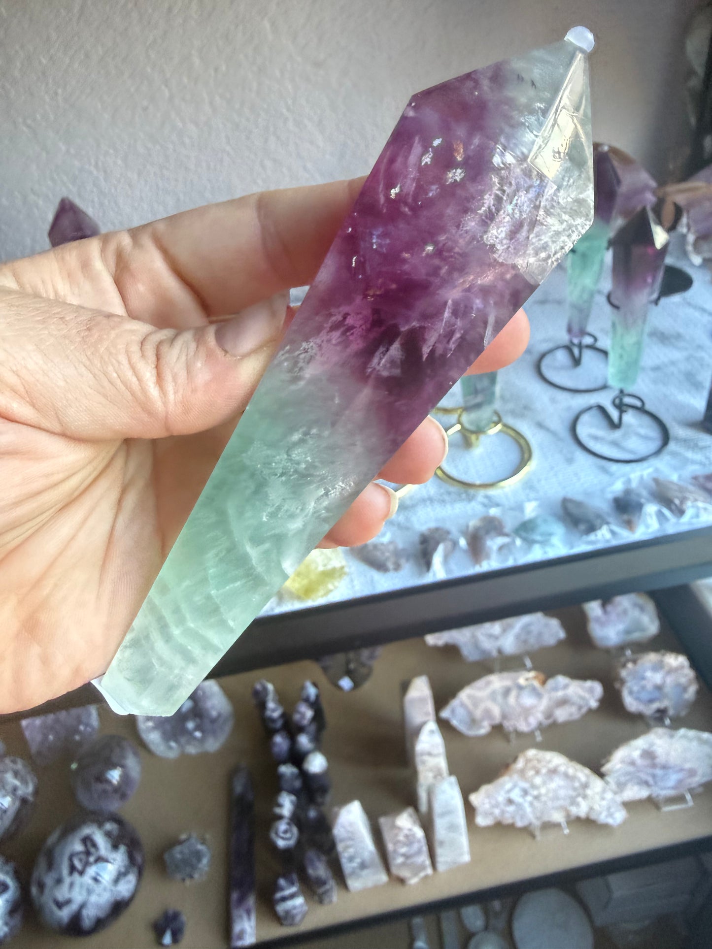 Watermelon Fluorite Tower With Stand| Medium Purple‑Green Gradient | Natural Polished Crystal Point