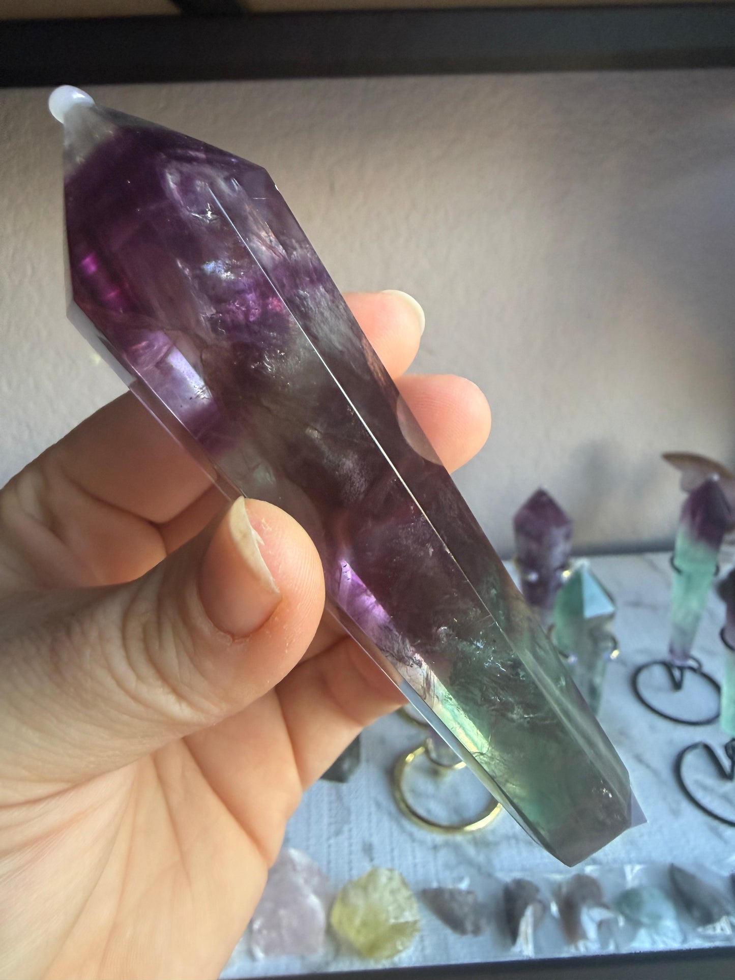 Feather and Watermelon Fluorite Tower With Stand– Clarity • Focus