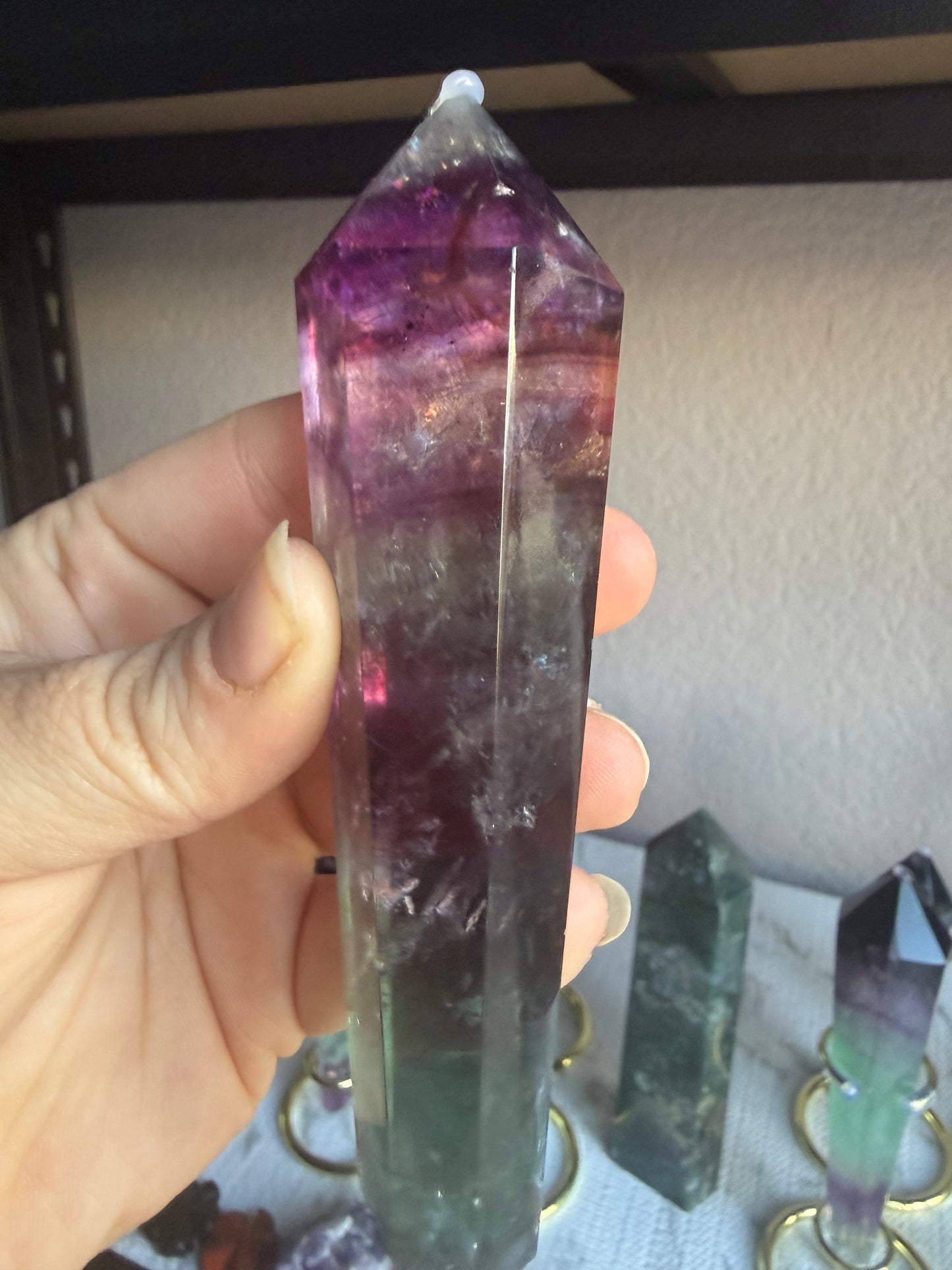 Feather and Watermelon Fluorite Tower With Stand– Clarity • Focus