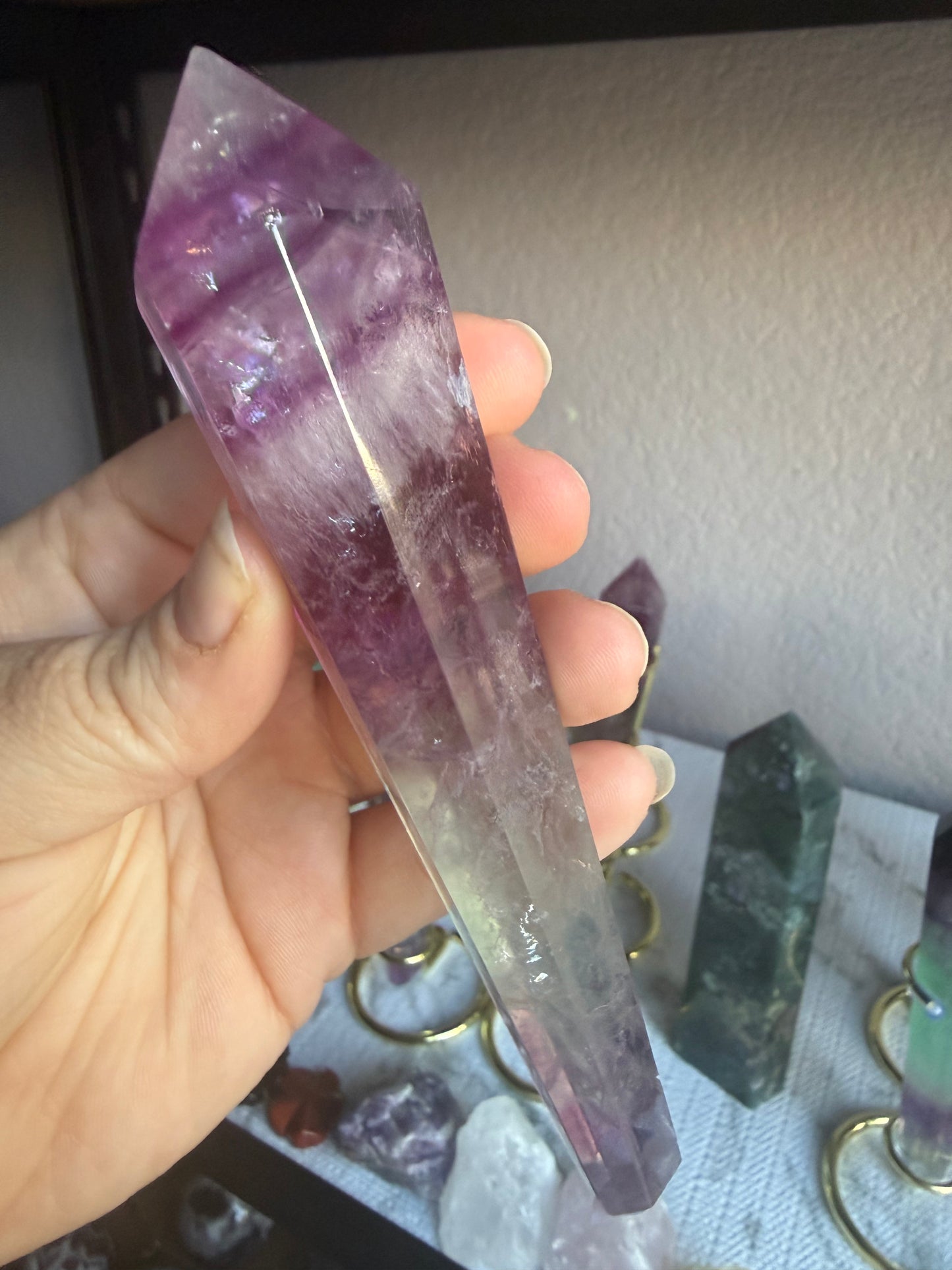 Feather and Watermelon Fluorite Tower With Stand– Clarity • Focus