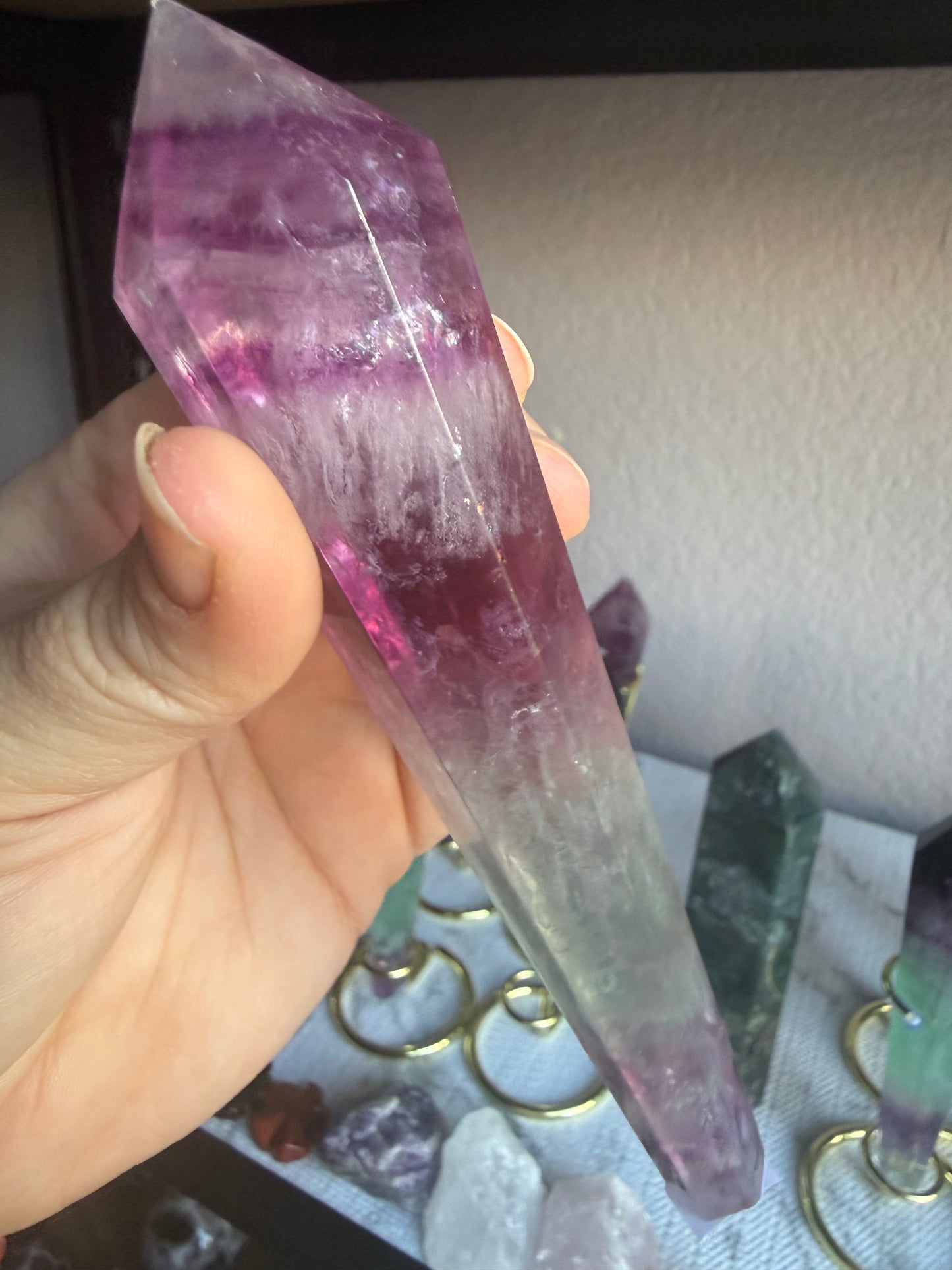 Feather and Watermelon Fluorite Tower With Stand– Clarity • Focus