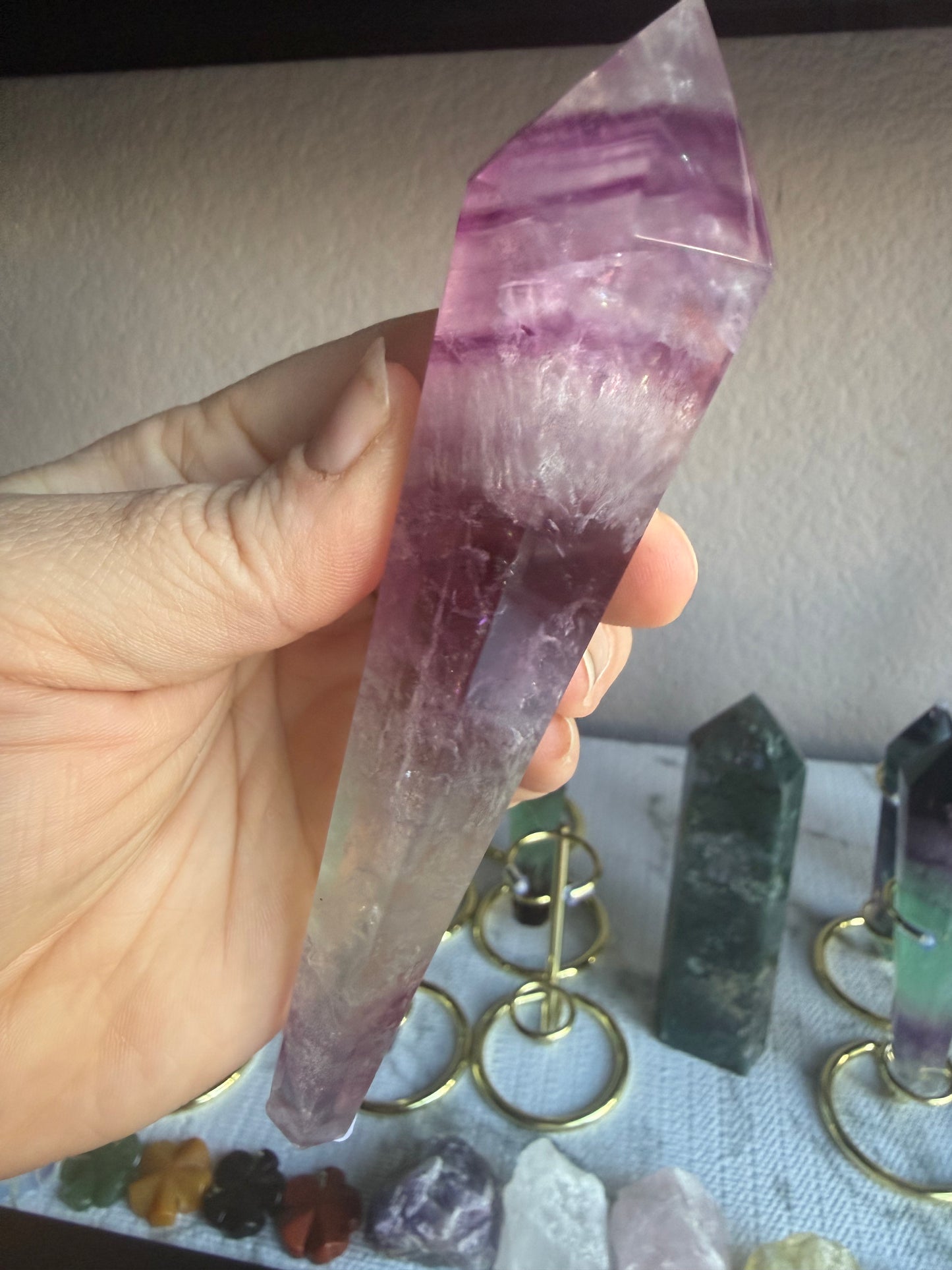 Feather and Watermelon Fluorite Tower With Stand– Clarity • Focus