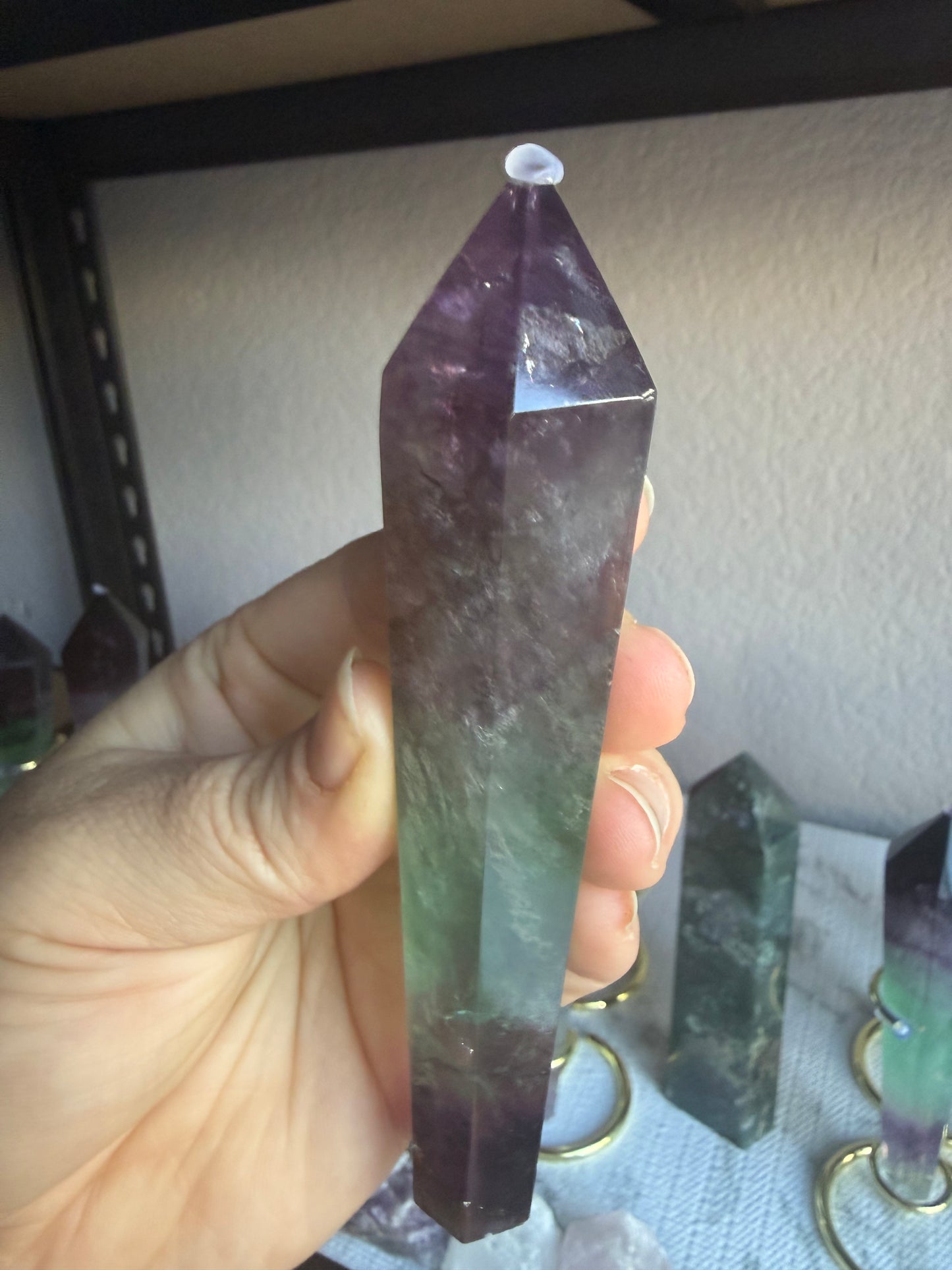 Feather and Watermelon Fluorite Tower With Stand– Clarity • Focus