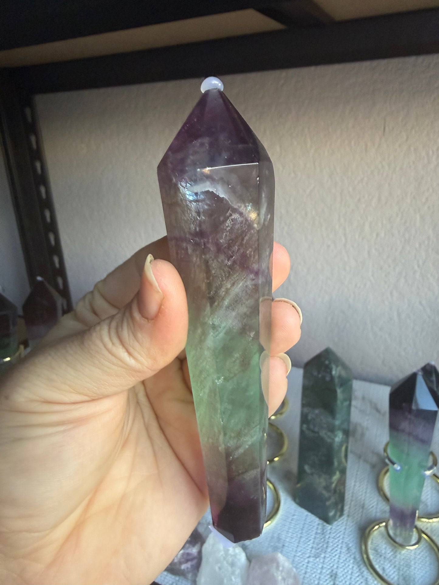 Feather and Watermelon Fluorite Tower With Stand– Clarity • Focus