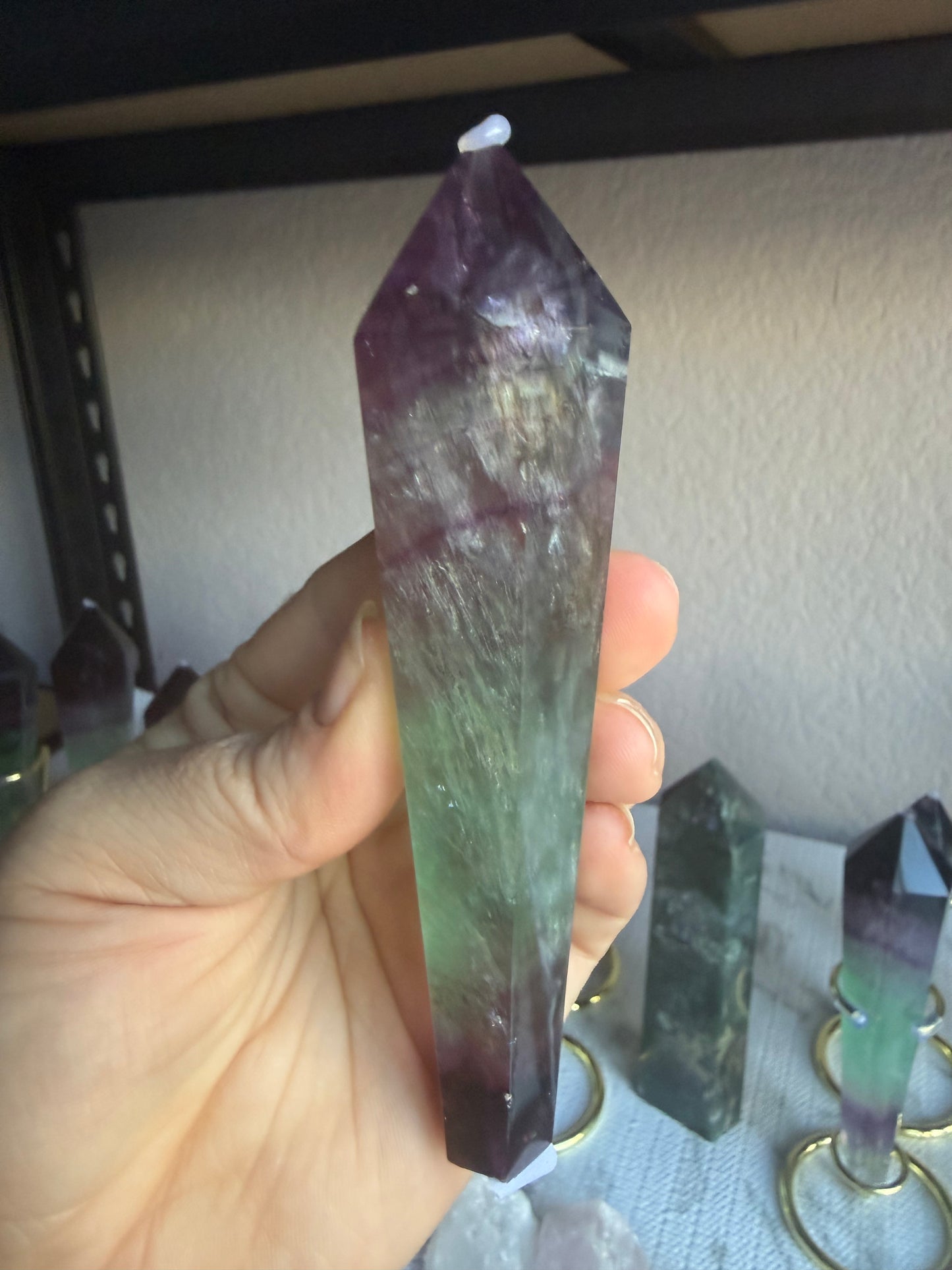 Feather and Watermelon Fluorite Tower With Stand– Clarity • Focus