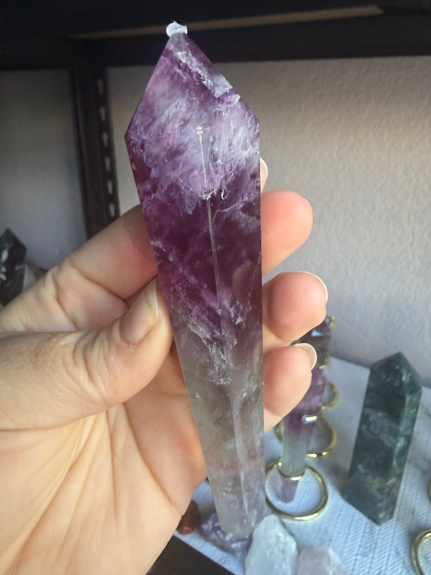 Feather and Watermelon Fluorite Tower With Stand– Clarity • Focus