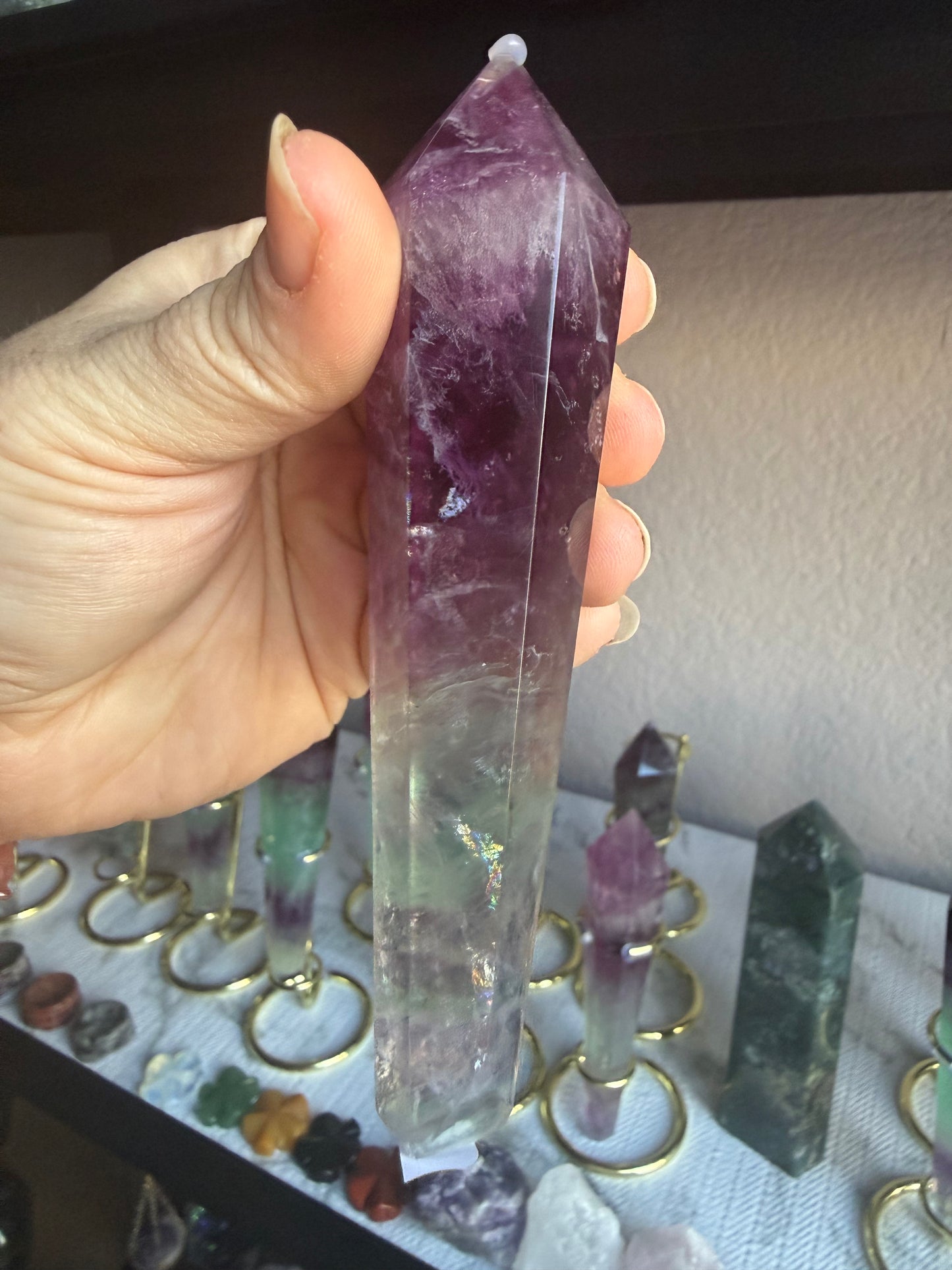 Feather and Watermelon Fluorite Tower With Stand– Clarity • Focus