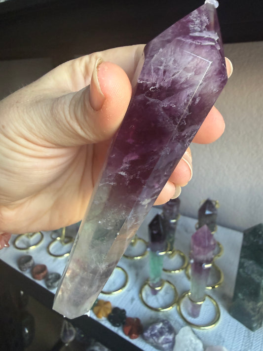 Feather and Watermelon Fluorite Tower With Stand– Clarity • Focus