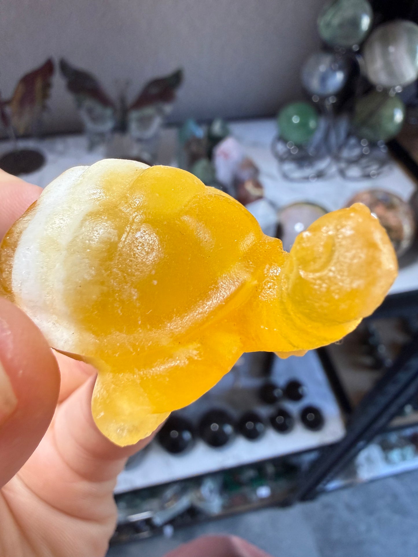 Orange Calcite Turtle Carving – Polished Mini Crystal Turtle with White Vein Pocket