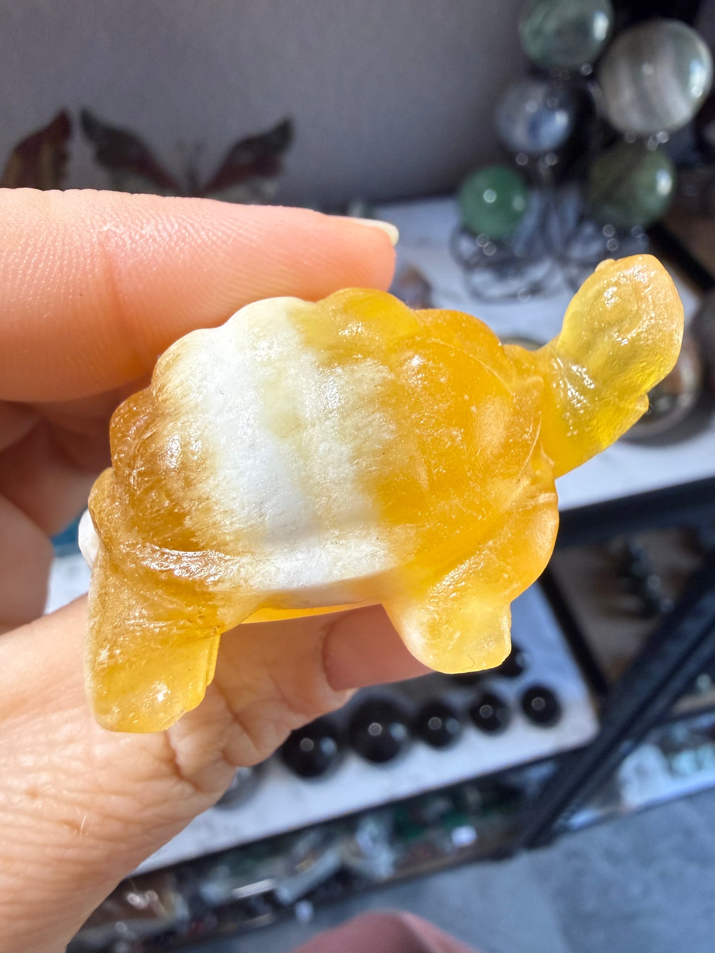Orange Calcite Turtle Carving – Polished Mini Crystal Turtle with White Vein Pocket