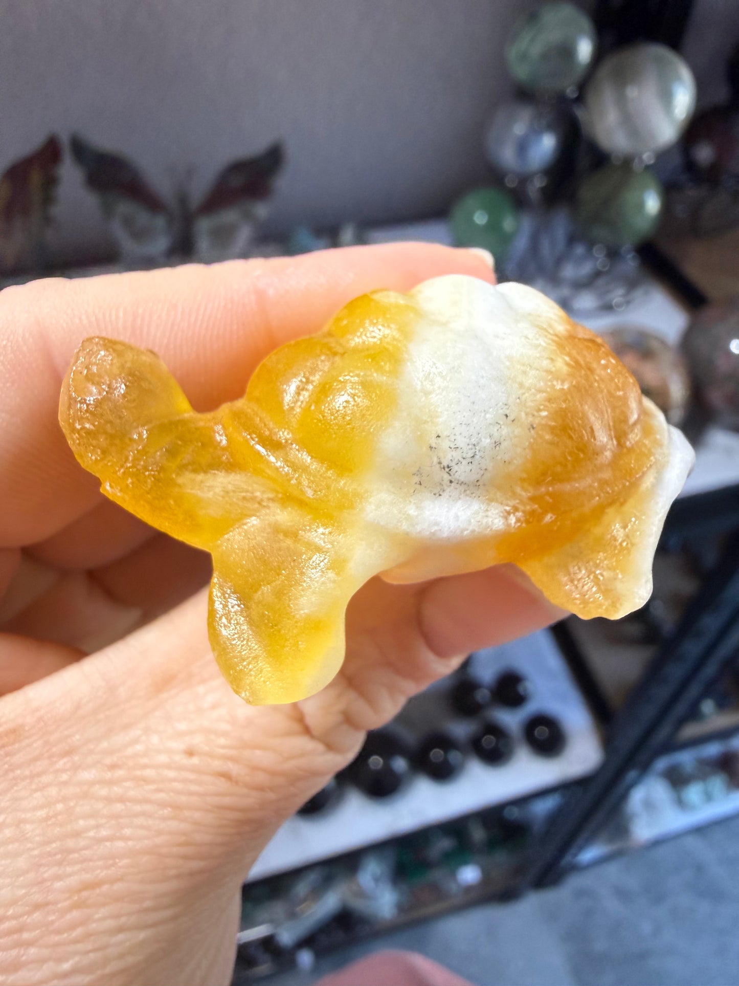 Orange Calcite Turtle Carving – Polished Mini Crystal Turtle with White Vein Pocket