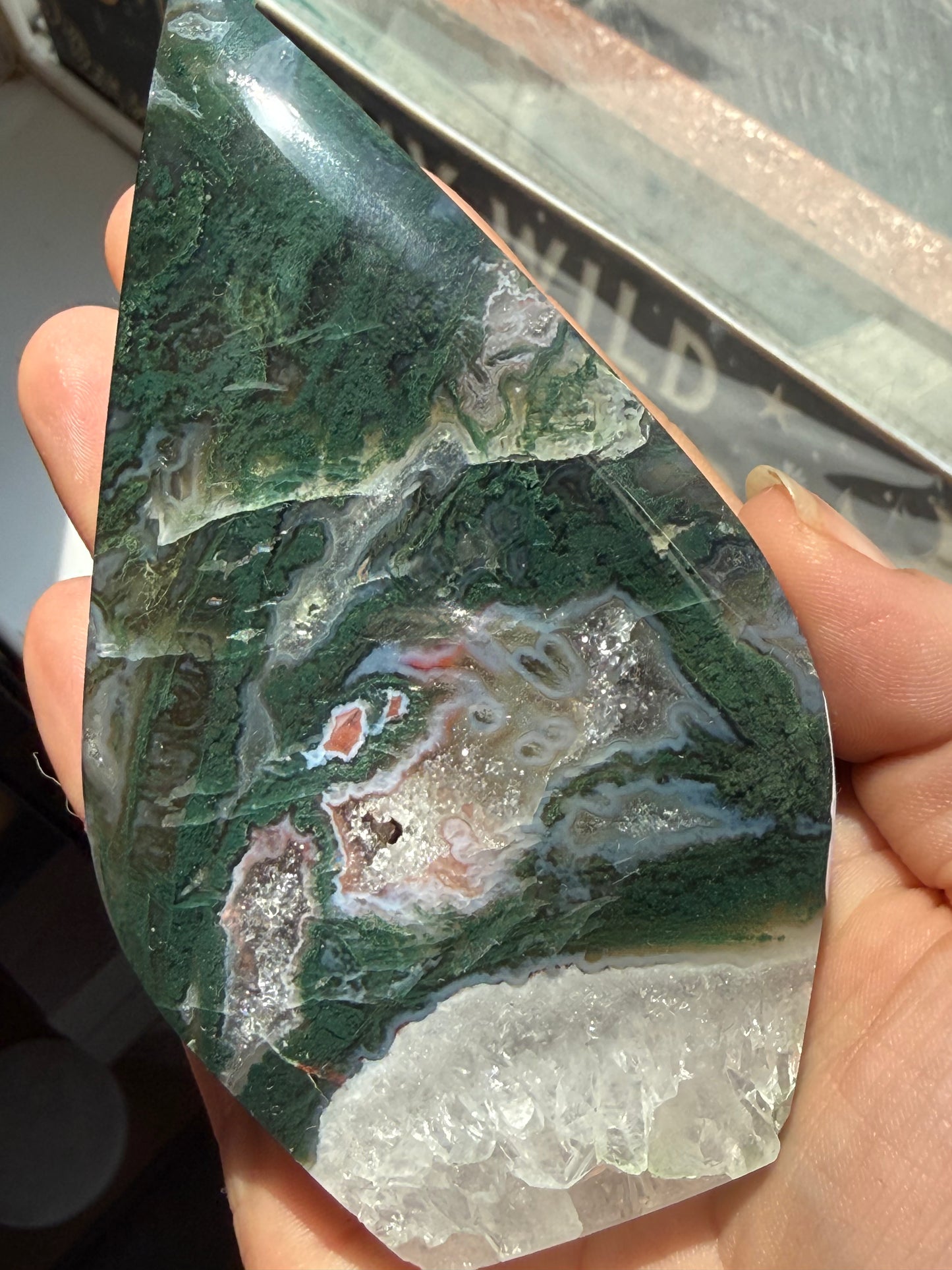 Moss Agate Flame Tower with stand – Growth, Grounding & Natural Renewal