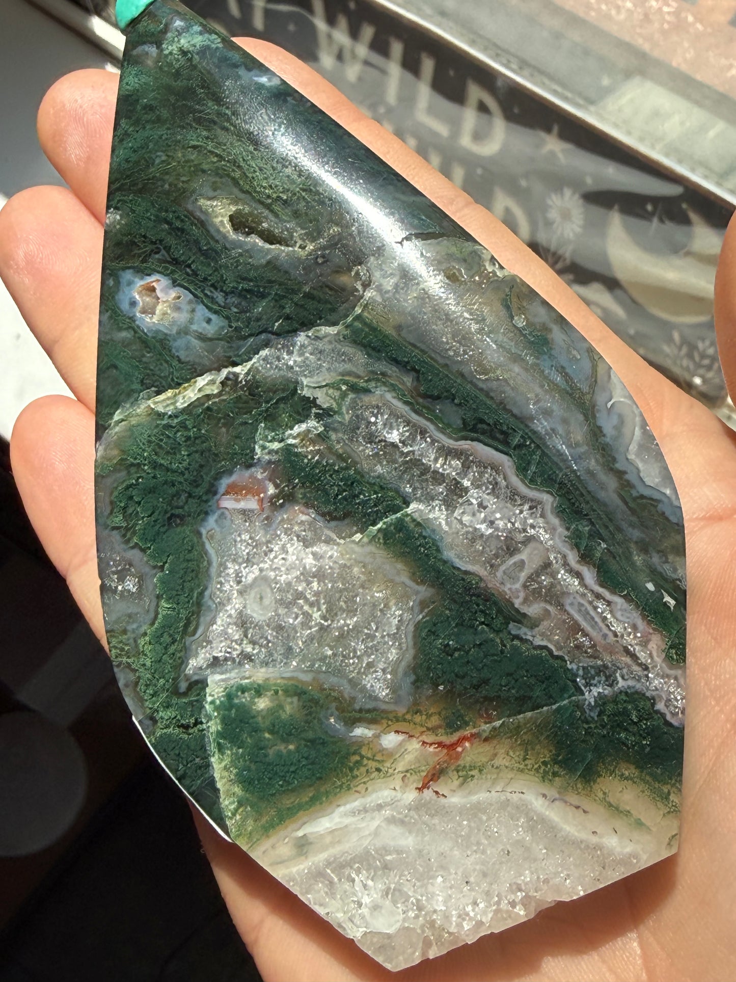 Moss Agate Flame Tower with stand – Growth, Grounding & Natural Renewal